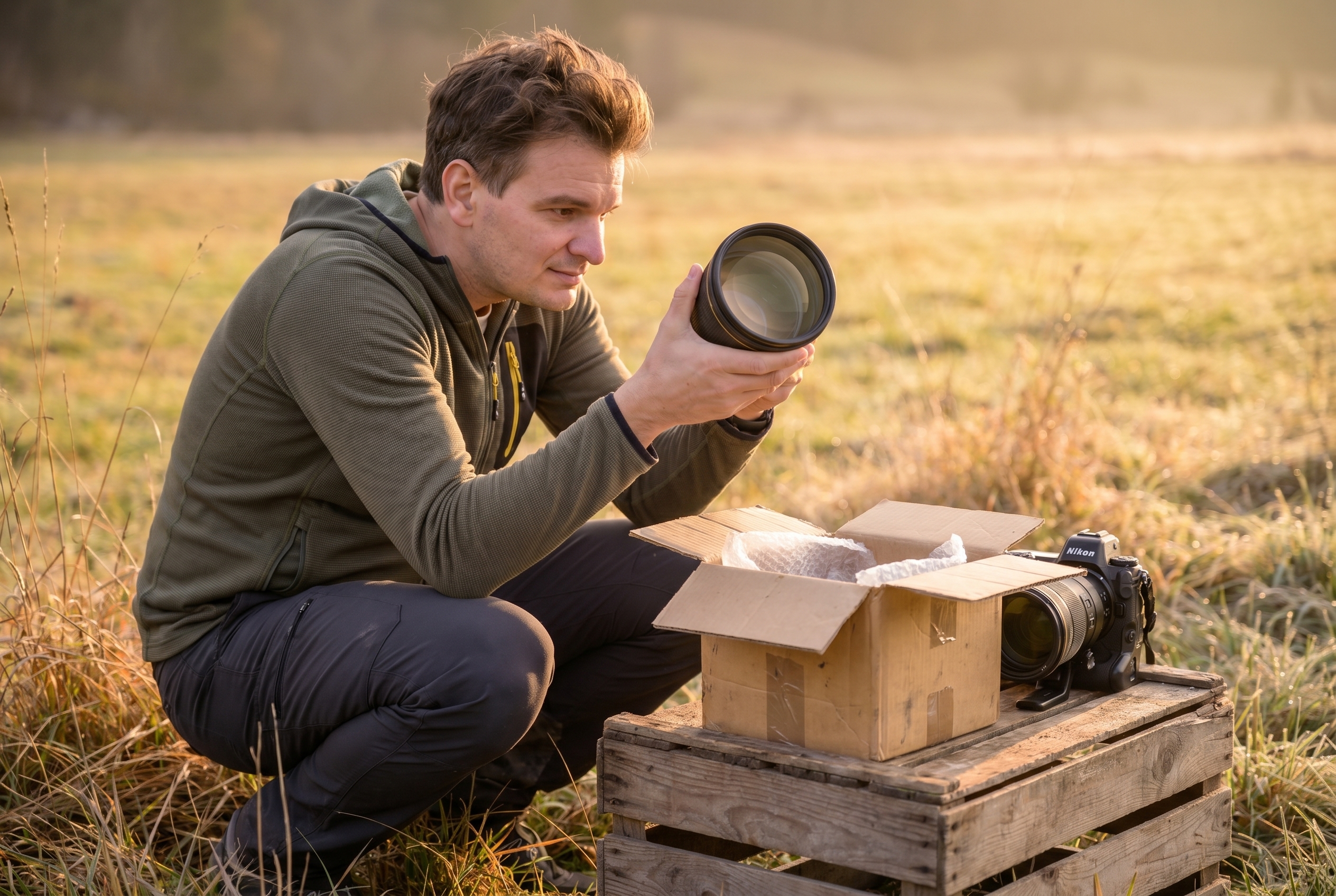 Photographe naturaliste déballant avec précaution un téléobjectif pour tester la fiabilité et l'avis Digit-Photo.