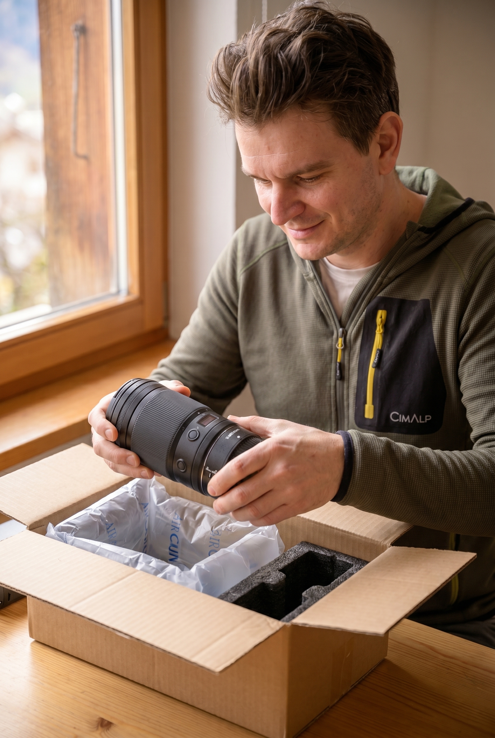 Photographe naturaliste déballant un objectif photo soigneusement protégé dans un colis avec coussins d'air pour tester la fiabilité de Digit-Photo.