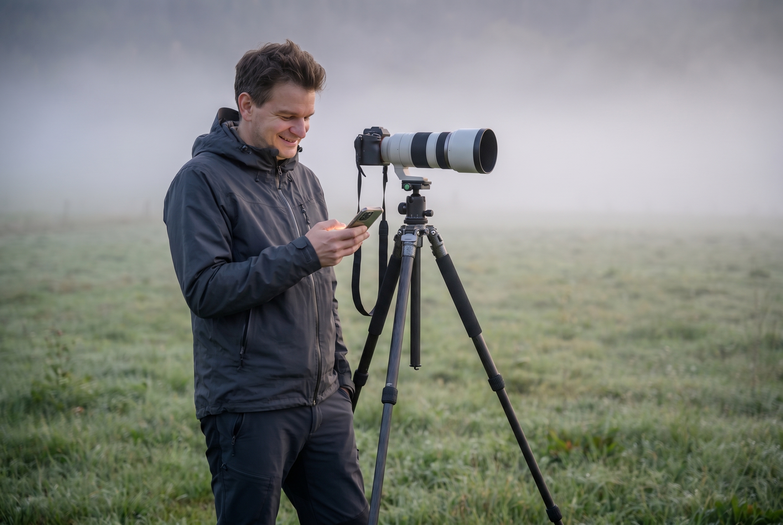 Photographe animalier satisfait consultant son smartphone à côté d'un Nikon Z8 et d'un 400mm f/2.8, illustrant un avis positif sur Digit-Photo.
