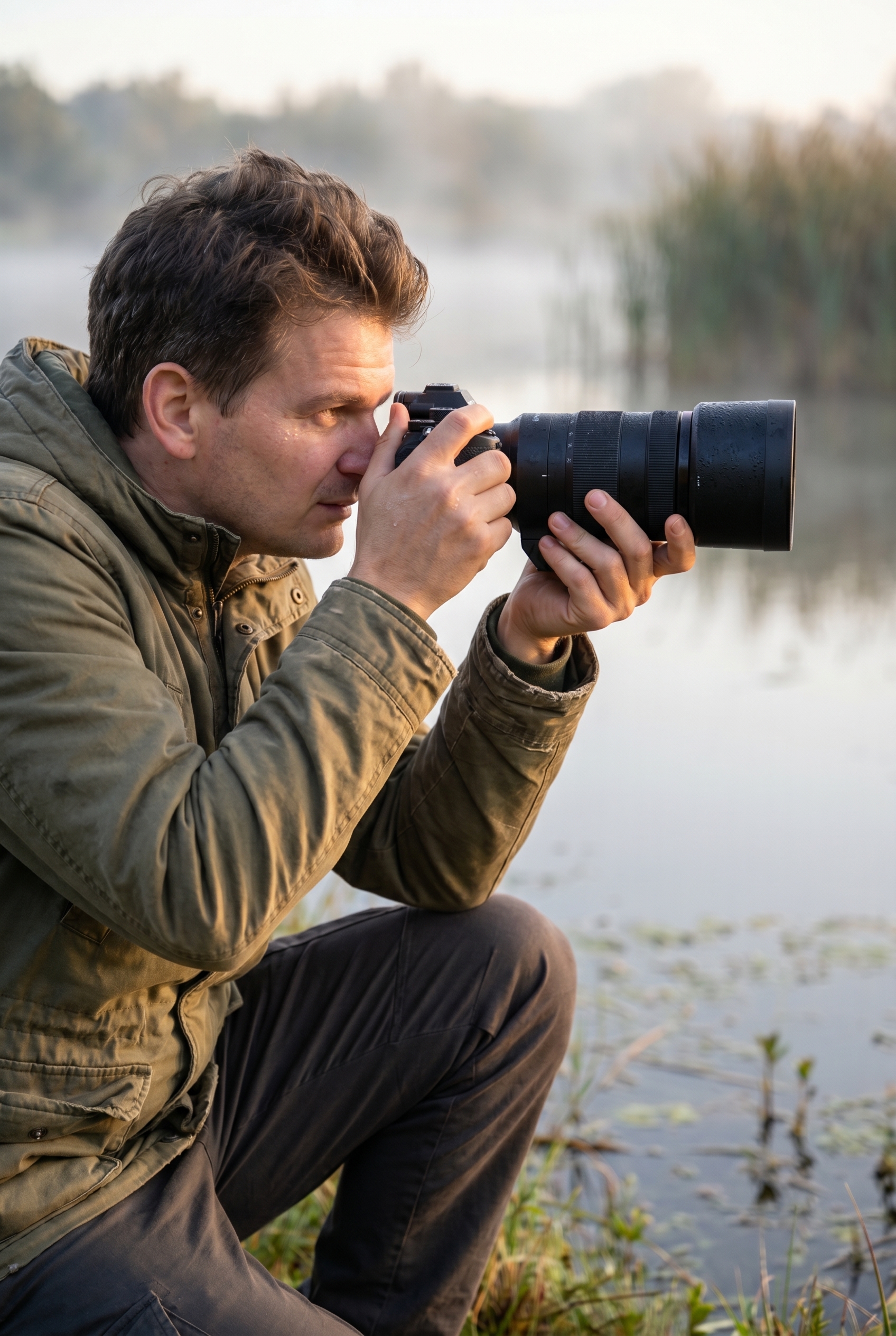 Photographe animalier équipé d'un téléobjectif en pleine nature, illustrant notre avis sur la fiabilité de Miss Numérique pour l'achat de matériel photo.