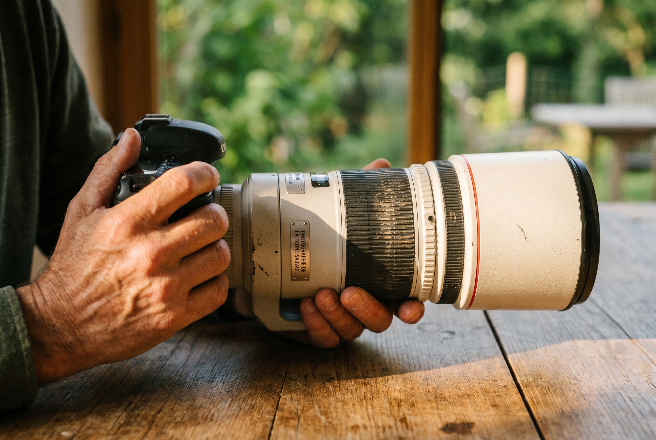 Mains d'un photographe pro tenant un téléobjectif Canon 500mm, illustrant la qualité du matériel pour un avis sur Miss Numérique.