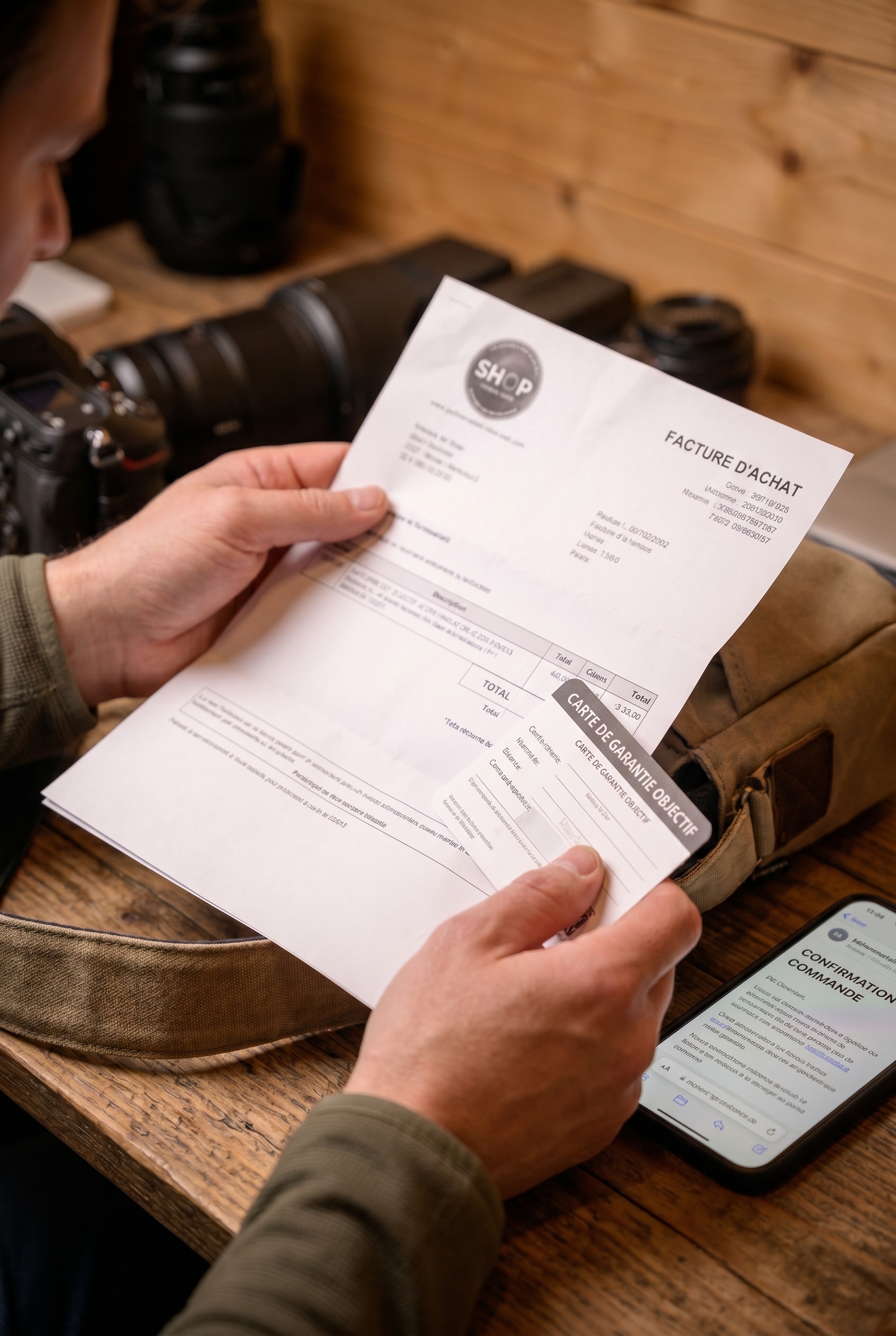 Mains d'un photographe tenant une facture et une carte de garantie après un achat d'appareil photo, illustrant un avis sur Miss Numérique.