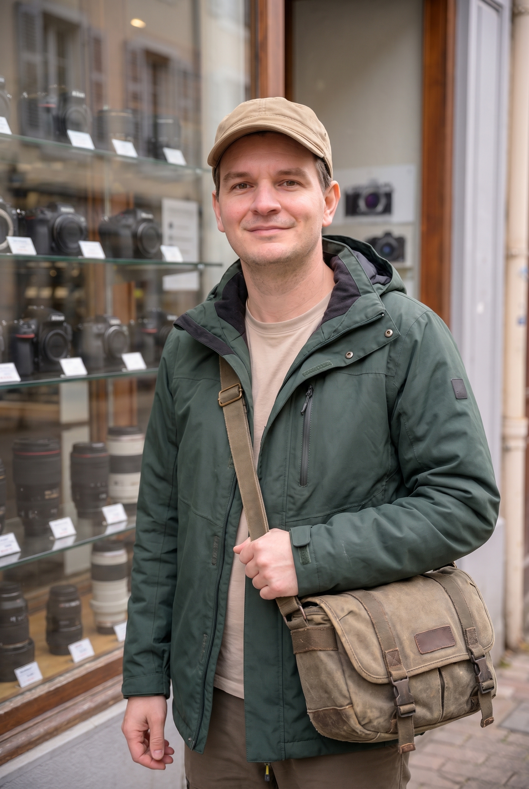 Un photographe naturaliste devant une boutique spécialisée pour un avis sur Miss Numérique avant l'achat d'un appareil photo.
