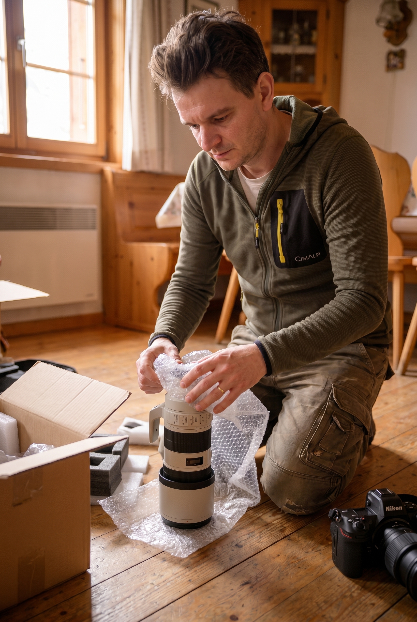 Photographe naturaliste déballant avec précaution un téléobjectif protégé par un emballage robuste, illustrant la fiabilité de Miss Numérique.