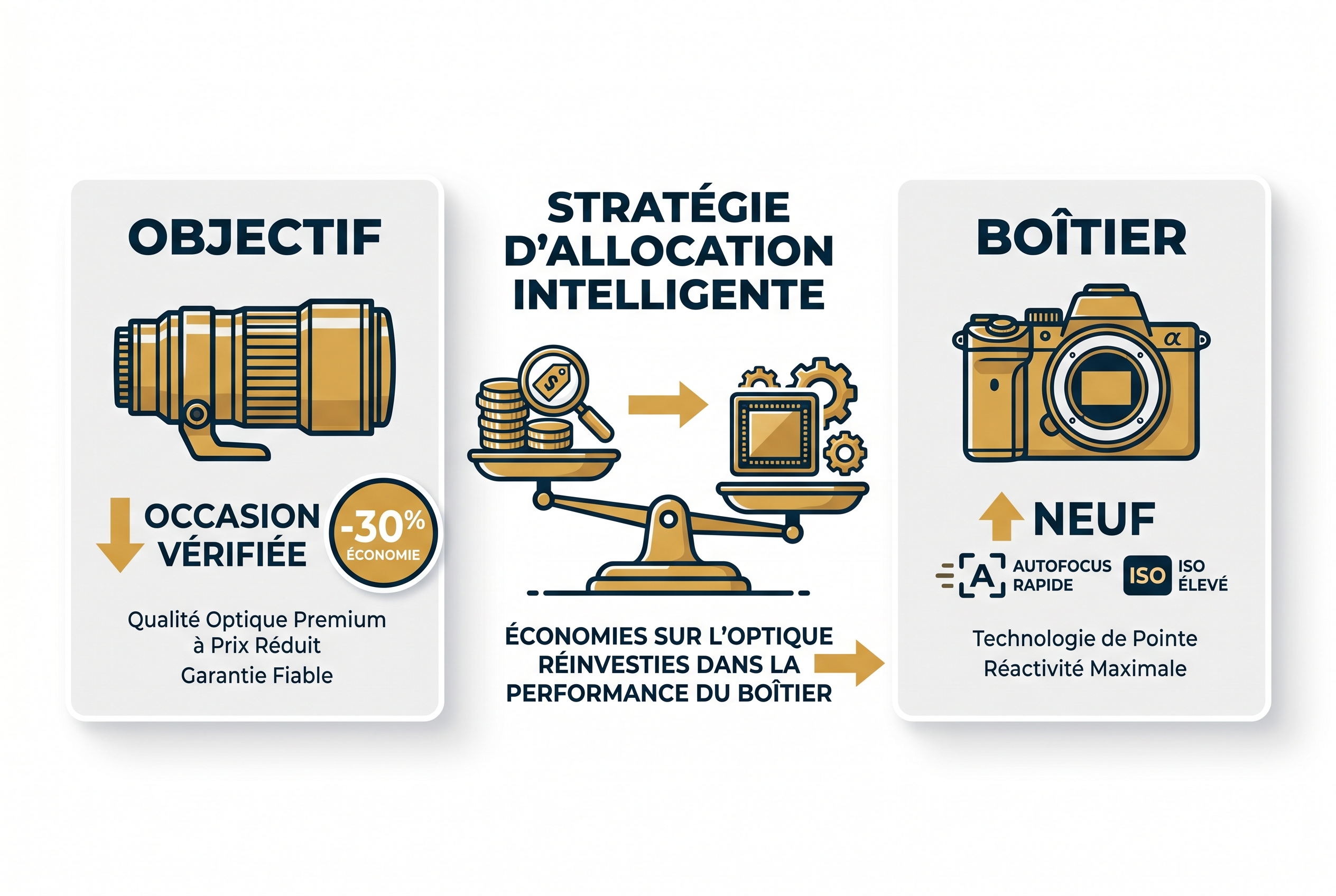 Illustration d'une stratégie d'achat chez Miss Numérique : économiser sur un objectif d'occasion pour investir dans un boîtier neuf performant.