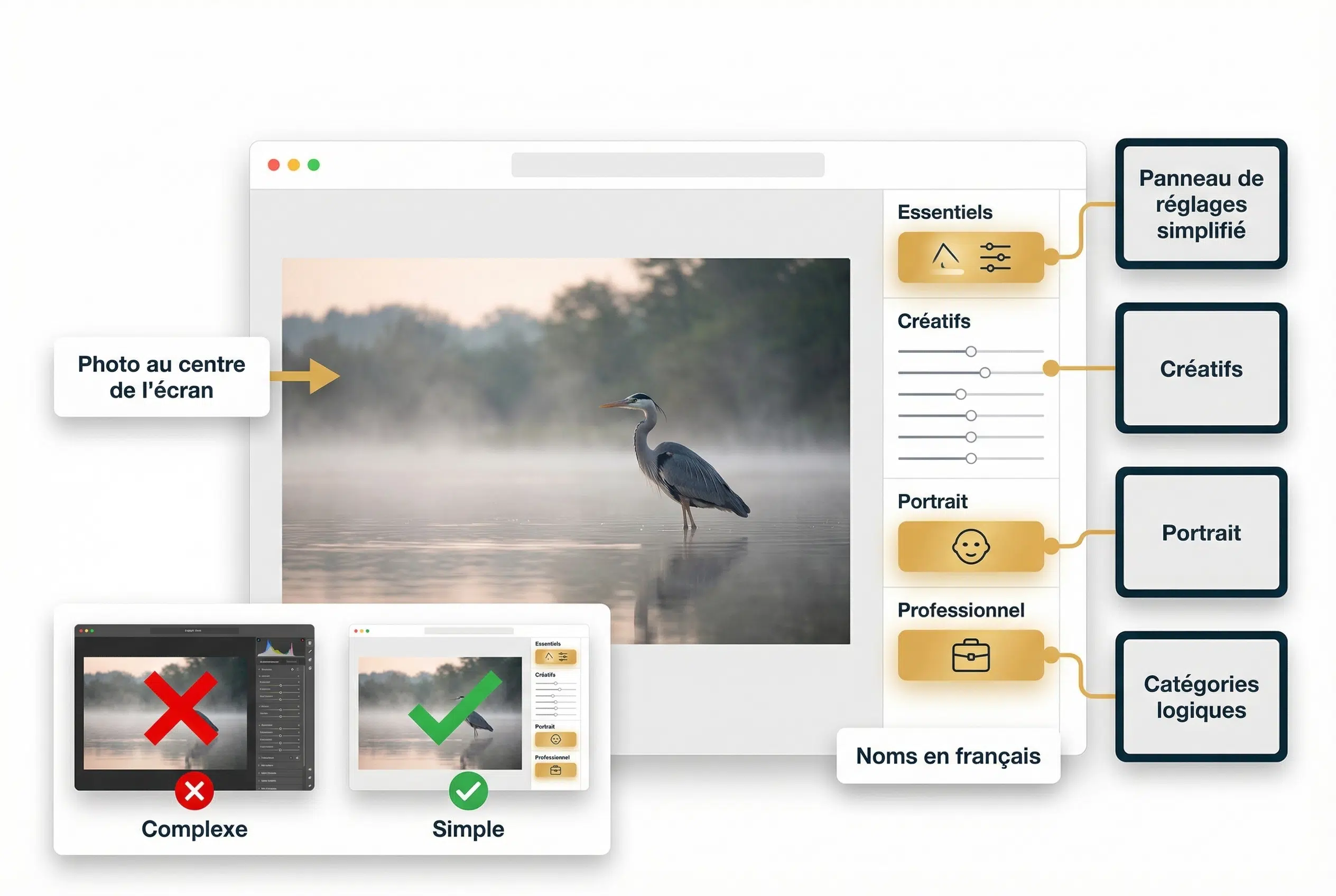 Schema comparatif de l'interface de Luminar Neo montrant une photo de heron et des panneaux de reglages simplifies.