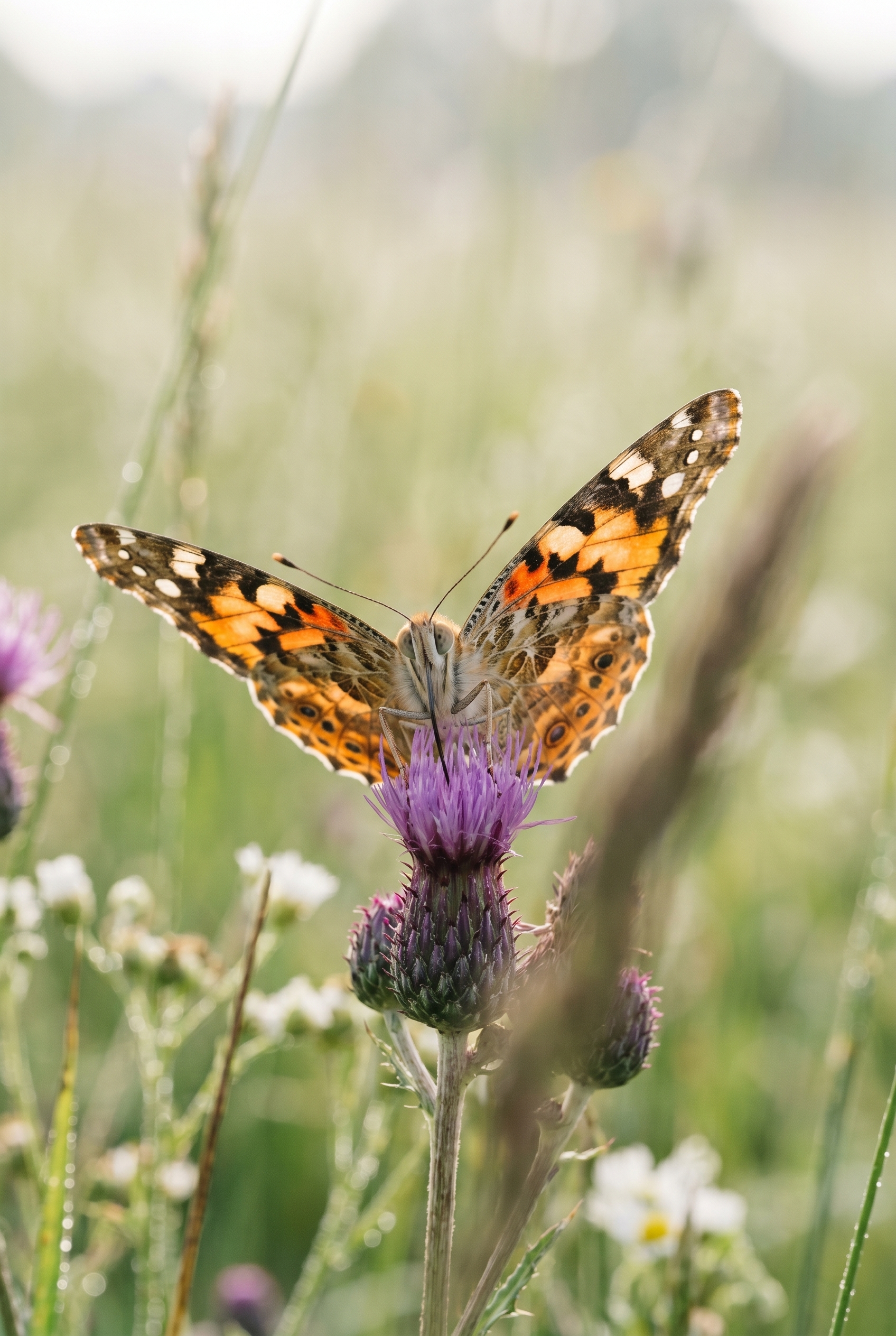 Photographier les papillons : gros plan net d'une Belle-Dame (Vanessa cardui) aux ailes déployées sur un chardon avec un bokeh crémeux.