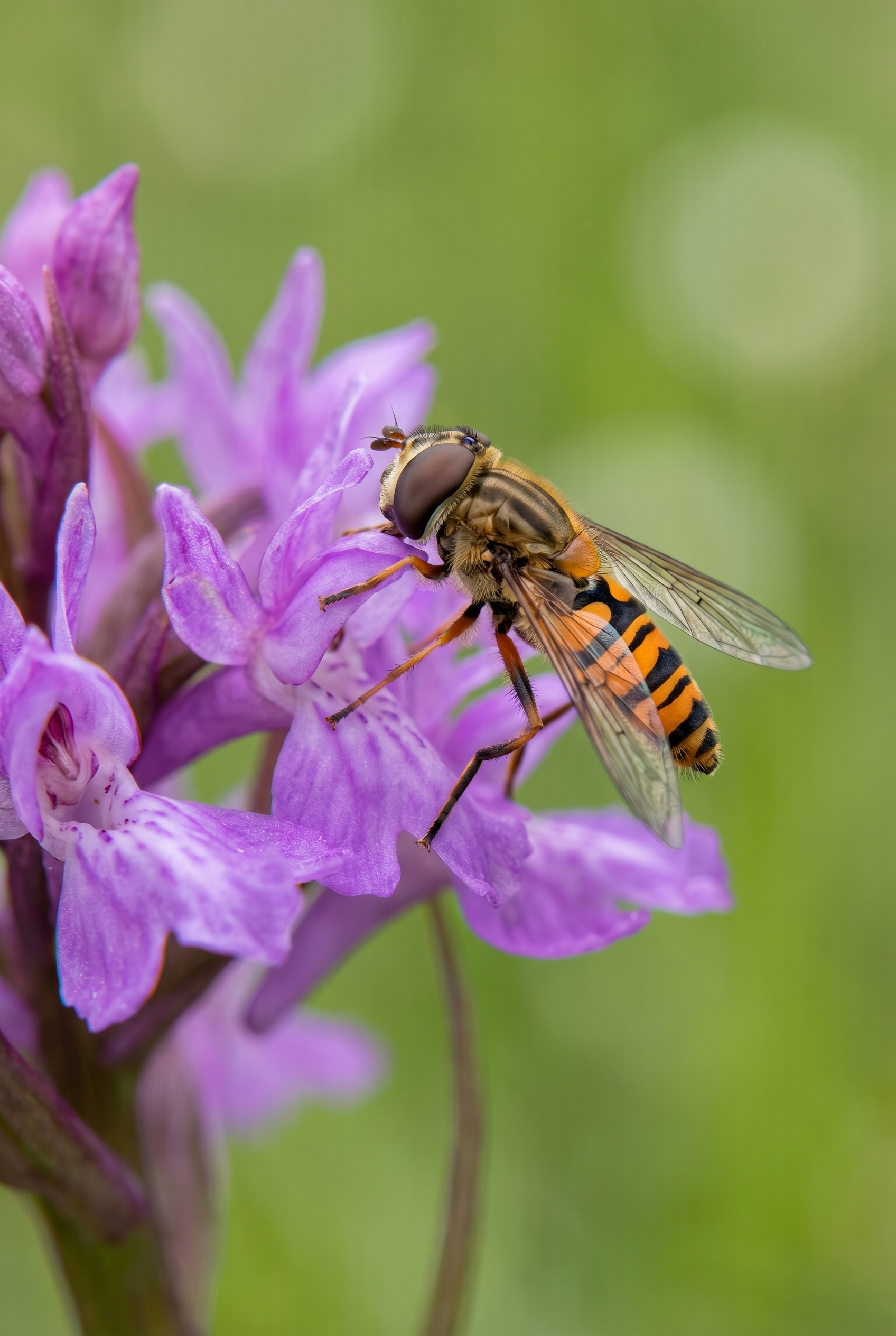 Le bokeh photo : le secret des flous artistiques 15 Gros plan macro d'un syrphe sur une orchidée violette illustrant un bokeh fluide et un arrière-plan flou parfait.