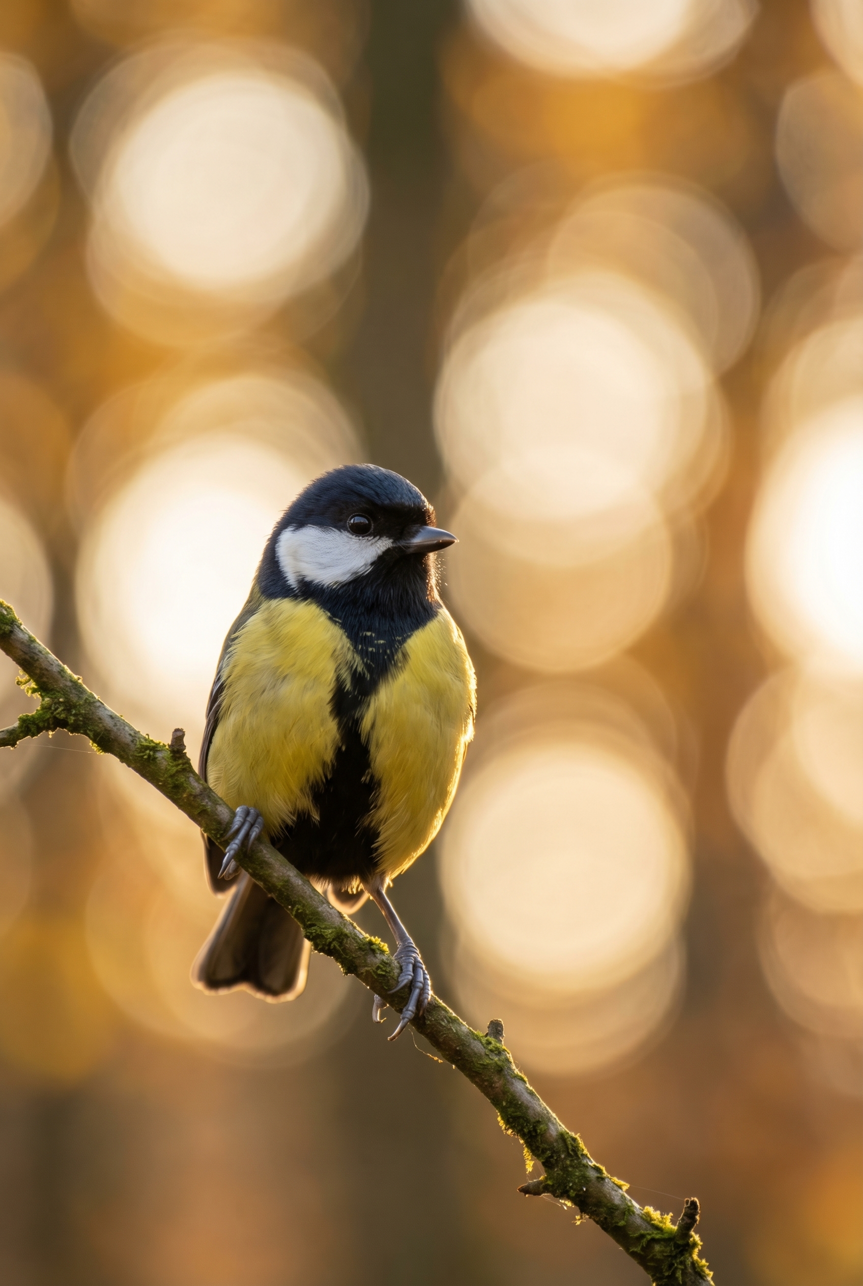 Le bokeh photo : le secret des flous artistiques 27 Mésange charbonnière sur une branche moussue avec un bokeh circulaire doré en arrière-plan.