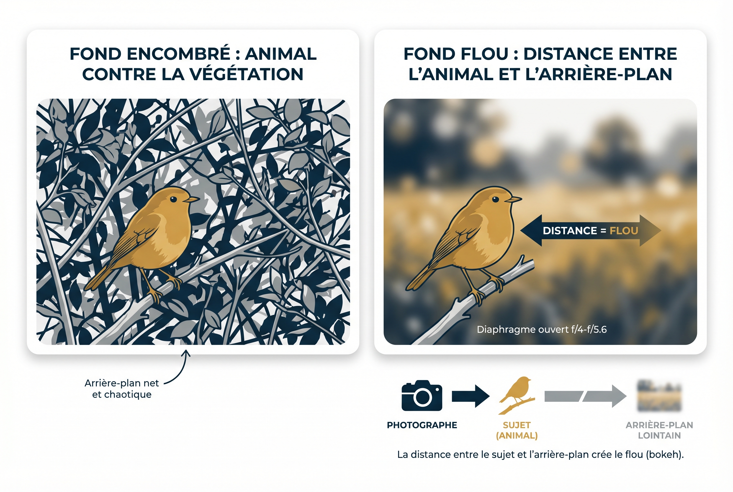 Schéma pédagogique expliquant comment photographier des animaux avec un arrière-plan flou en augmentant la distance entre le sujet et la végétation.