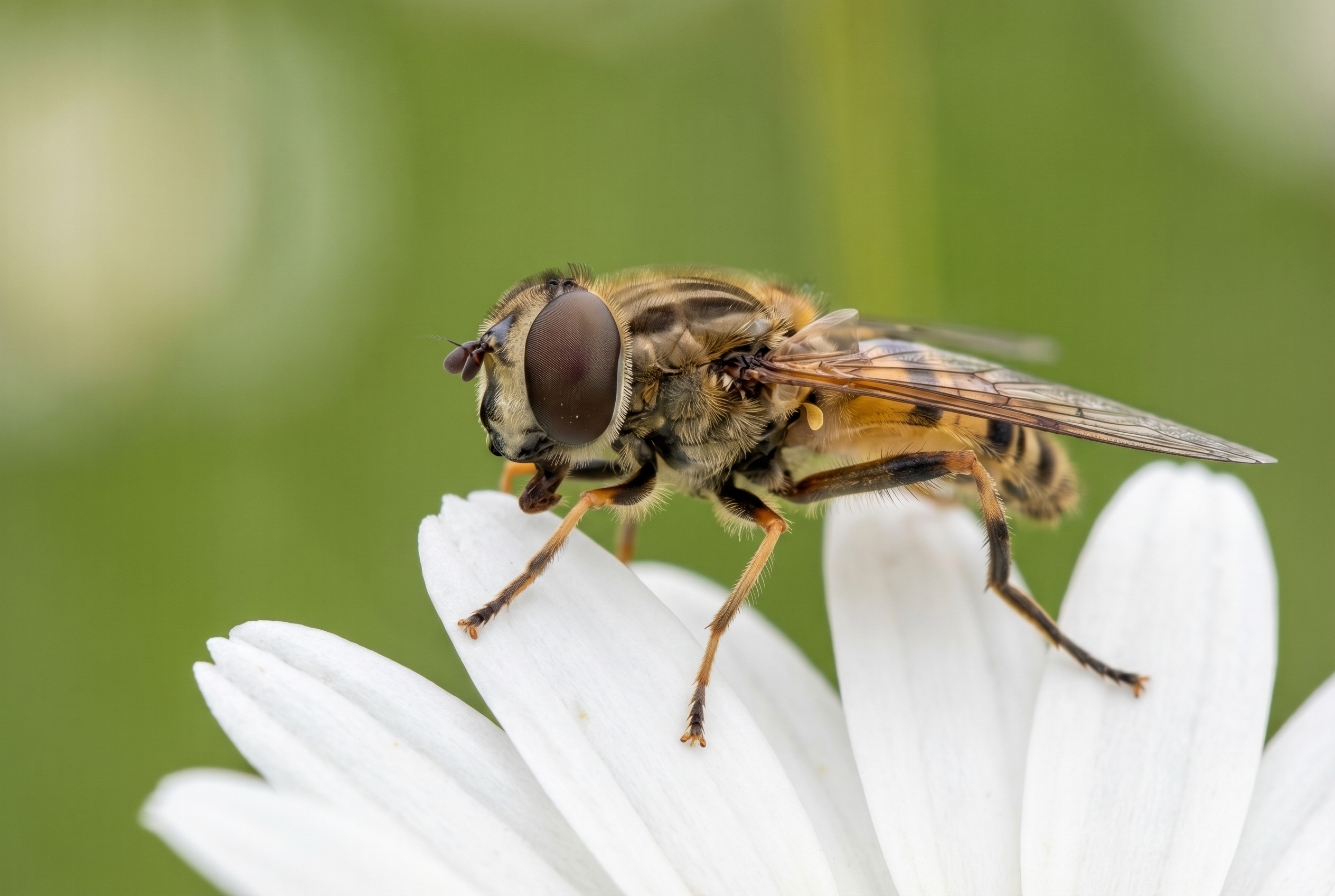 Réussir le bracketing photo : le guide complet 19 Macro d'un syrphe sur une marguerite illustrant le bracketing photo pour une netteté intégrale.