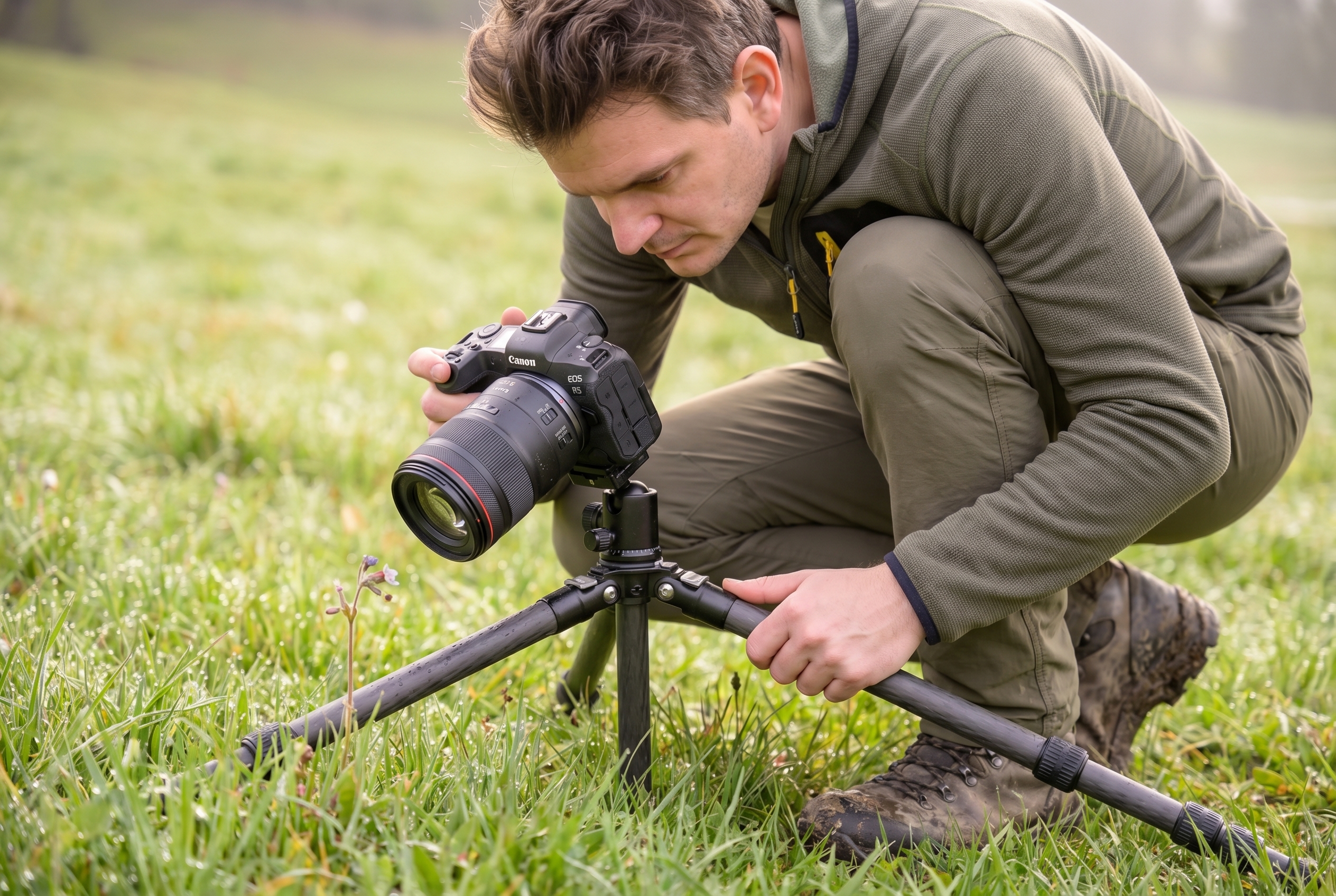 Réussir le bracketing photo : le guide complet 20 Photographe naturaliste accroupi dans une prairie utilisant un trépied pour réaliser un bracketing photo sur une fleur sauvage.