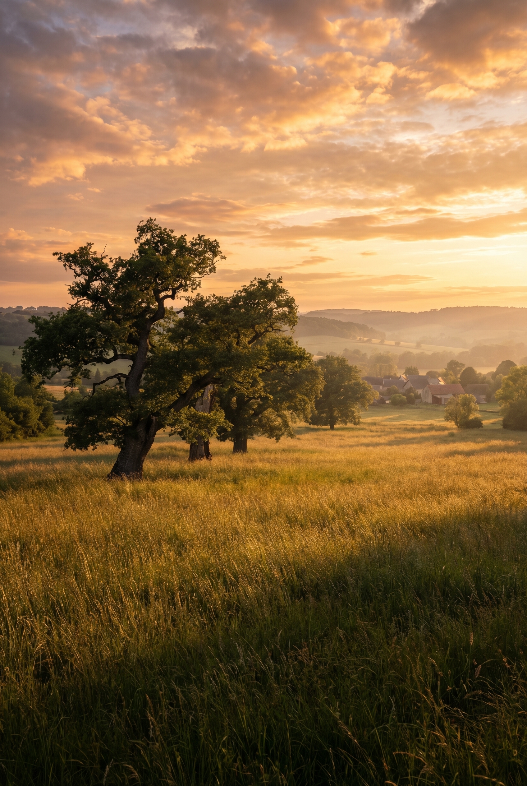 Réussir le bracketing photo : le guide complet 14 Exemple de bracketing photo réussi sur un paysage de campagne avec des chênes en contre-jour et un ciel doré riche en détails.