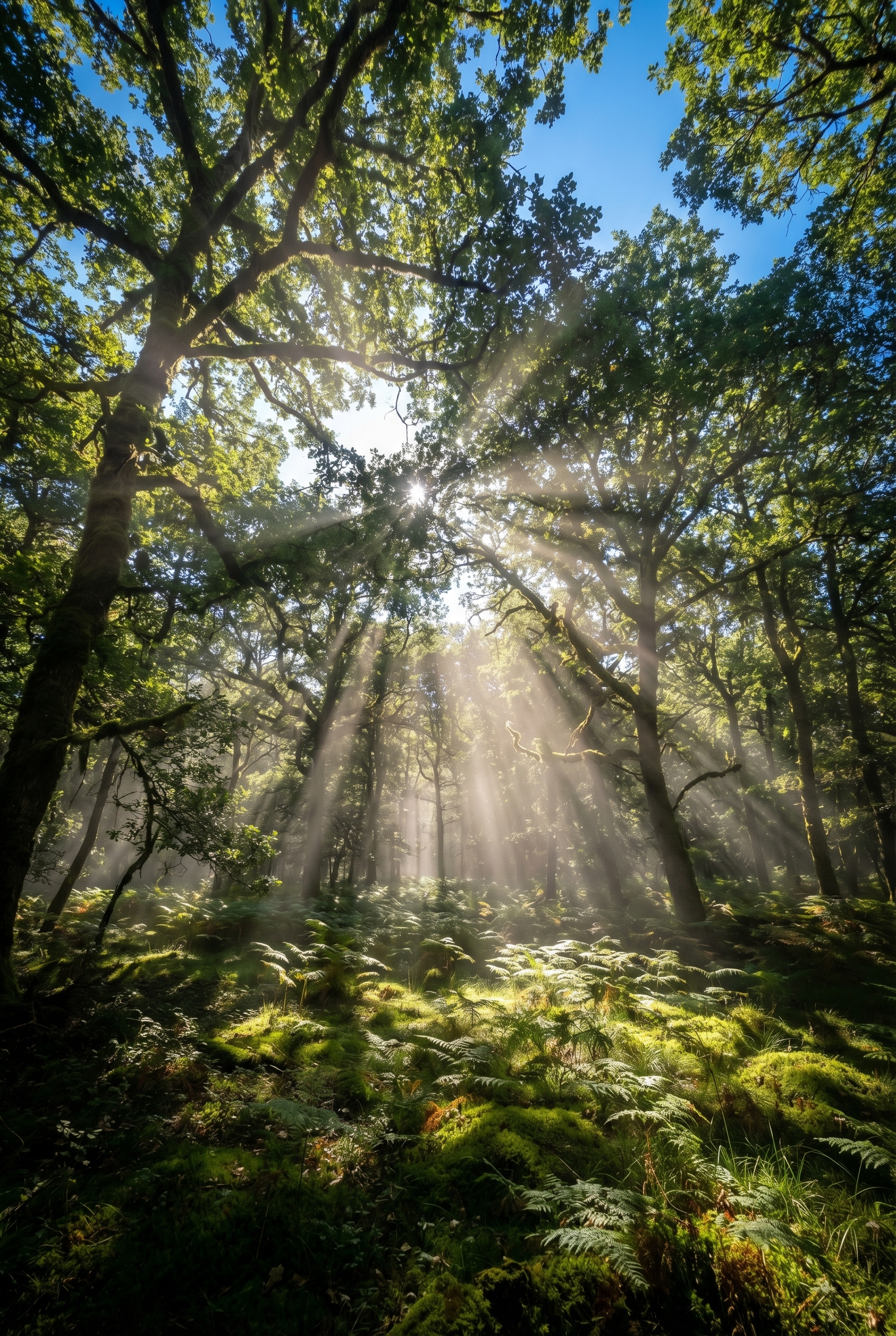 Réussir le bracketing photo : le guide complet 24 Paysage de forêt ensoleillée à fort contraste avec troncs de chênes moussus et fougères, illustrant l'utilité du bracketing photo pour l'exposition.