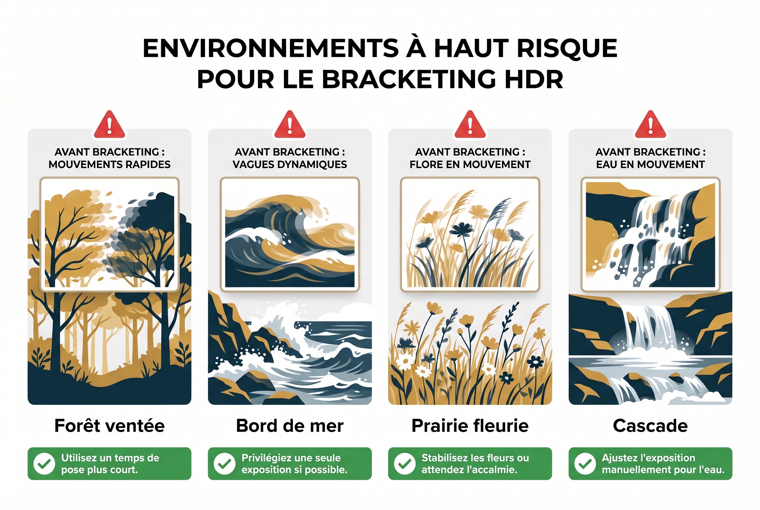 Réussir le bracketing photo : le guide complet 30 Infographie pédagogique expliquant les défis du bracketing photo en extérieur : gestion du mouvement et artefacts de fusion HDR.
