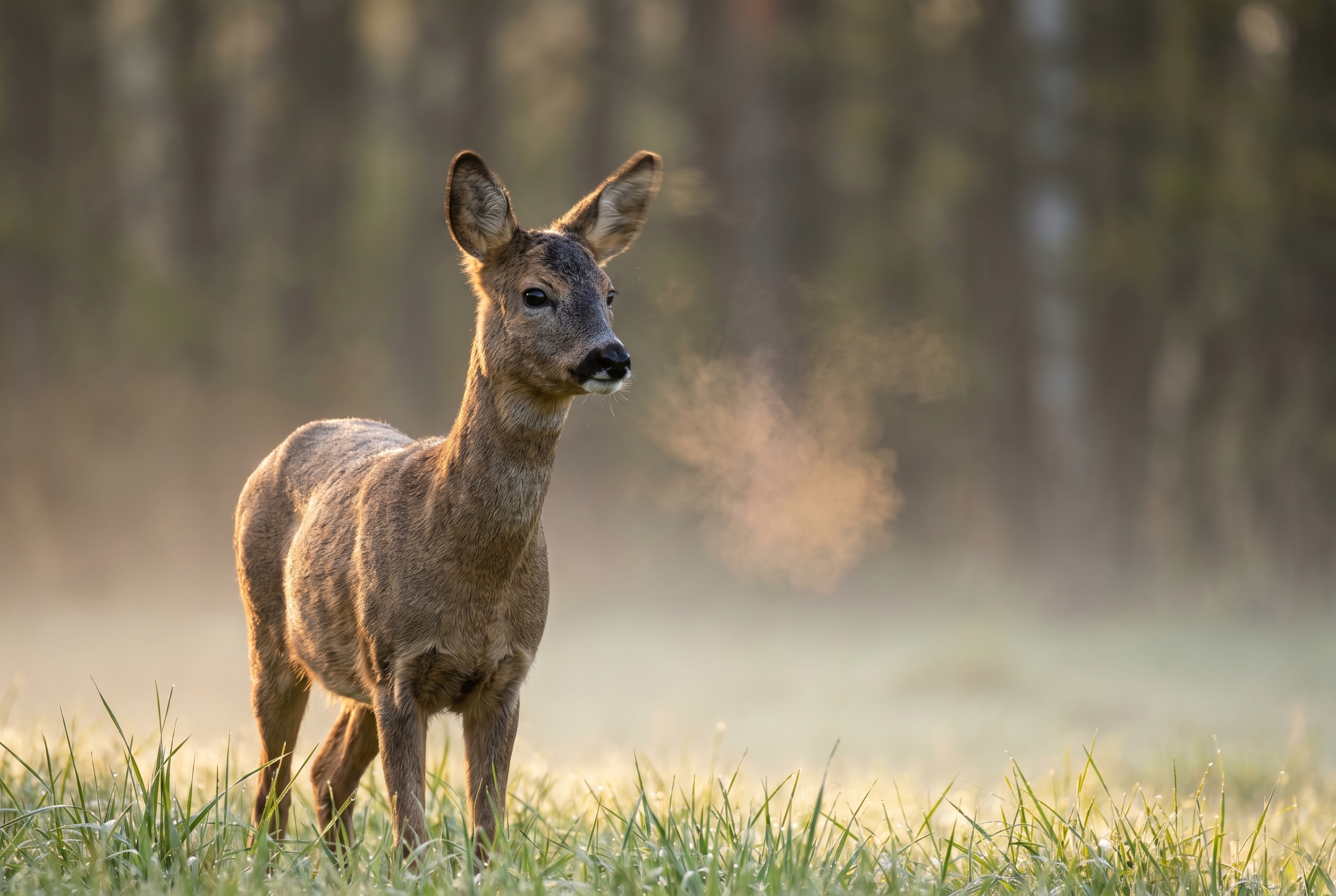Un brocard mâle aux aguets dans une prairie brumeuse à l'aube, illustrant la netteté d'un appareil photo animalière professionnel.