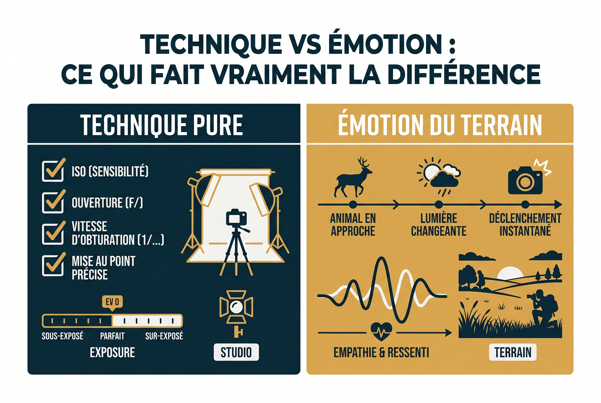 Infographie pédagogique comparant la technique pure apprise en BTS photographie et l'émotion du terrain propre au photographe naturaliste.