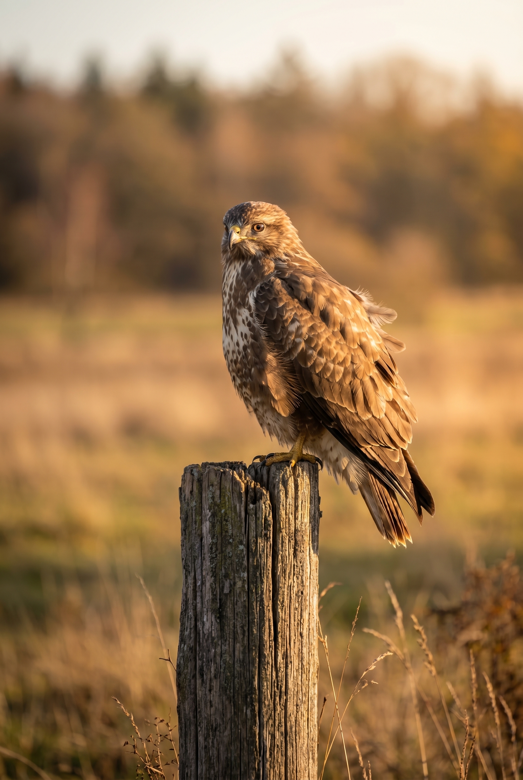 Buse variable aux plumes ébouriffées perchée sur un poteau en bois, capturée avec un appareil photo animalière.
