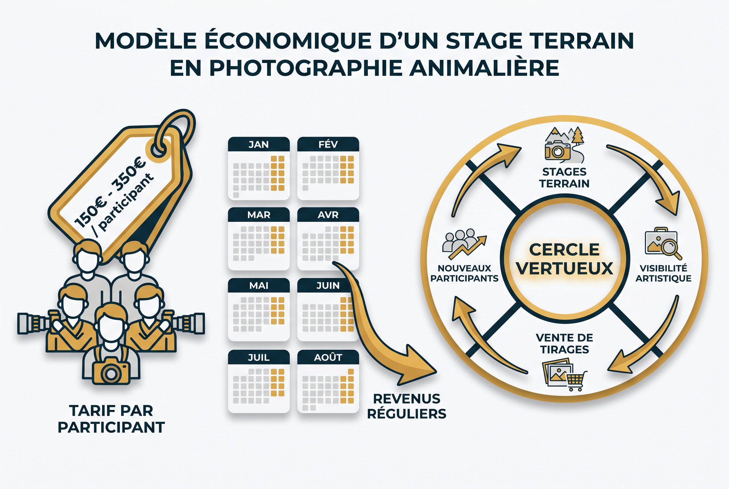 Salaire photographe animalier : combien peut-on vraiment gagner ? 28 Infographie pédagogique présentant le modèle économique et le calcul du salaire d'un photographe animalier via l'organisation de stages de terrain et la vente de tirages.
