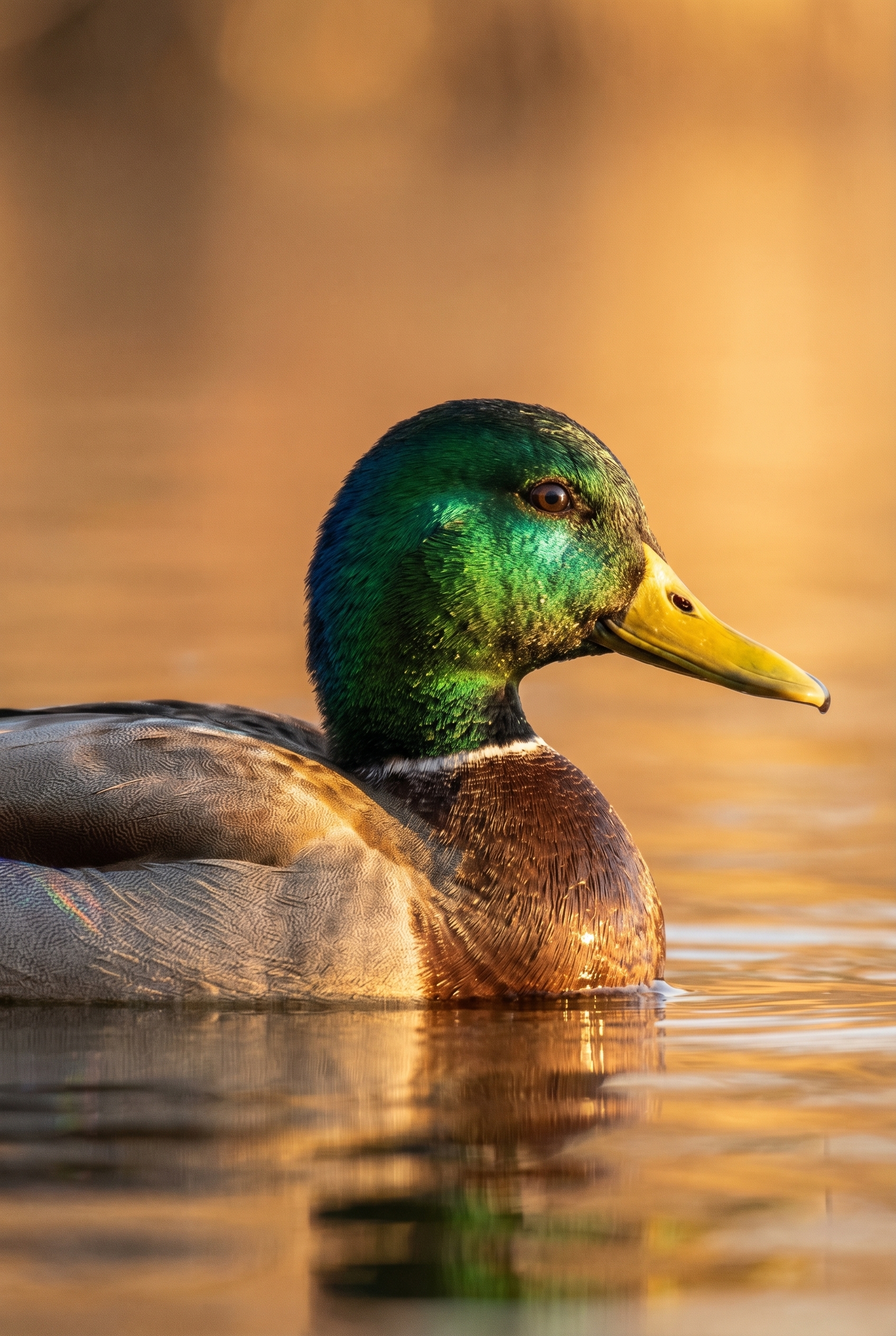 Photographie d'un canard colvert mâle au plumage iridescent, prise au ras de l'eau avec un flou d'arrière-plan ambré pour illustrer comment photographier des animaux.