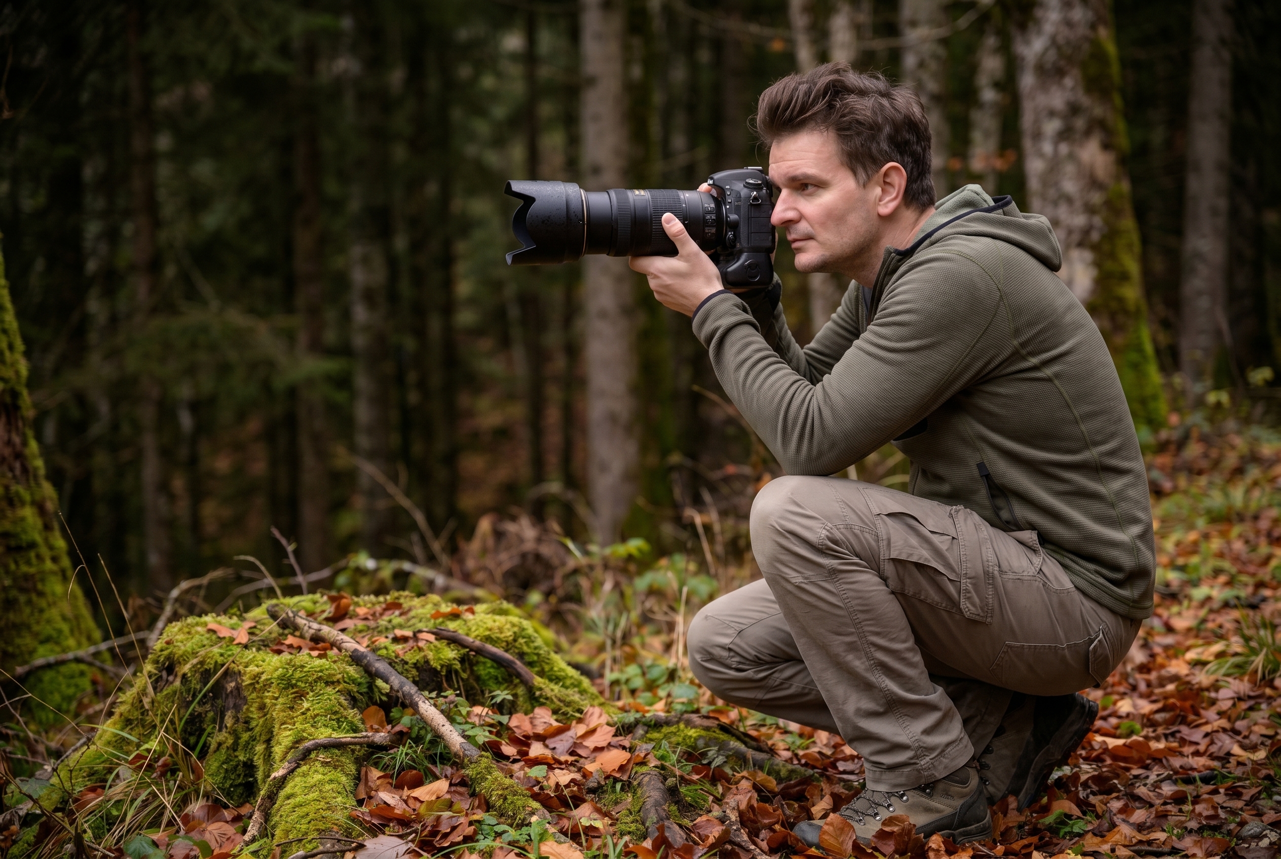 Photographe animalier avec un téléobjectif en forêt, illustrant le dilemme entre un boîtier Canon ou Nikon pour débuter.