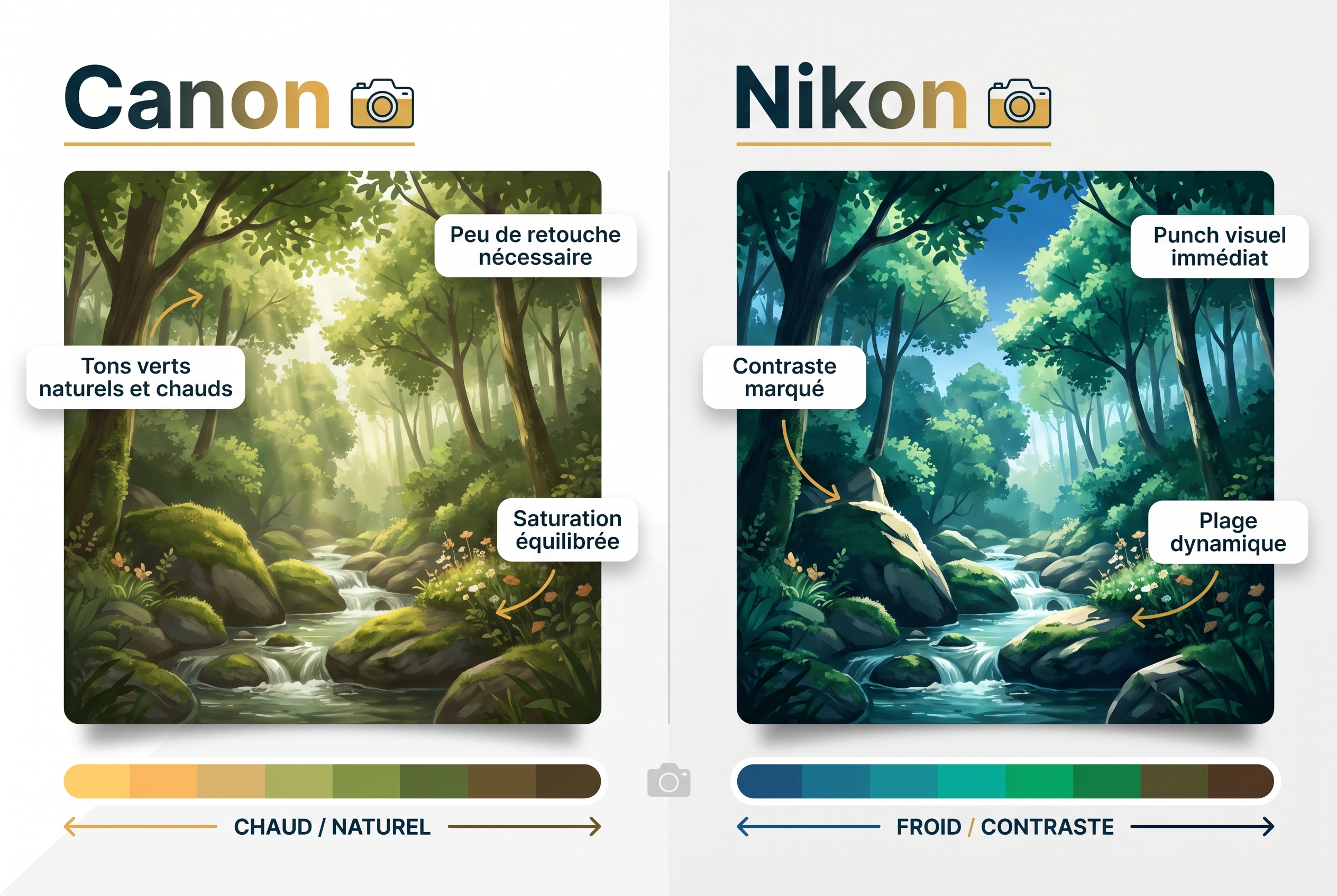 Illustration comparative du rendu des couleurs entre un boîtier Canon et un boîtier Nikon pour la photographie de forêt et de nature.