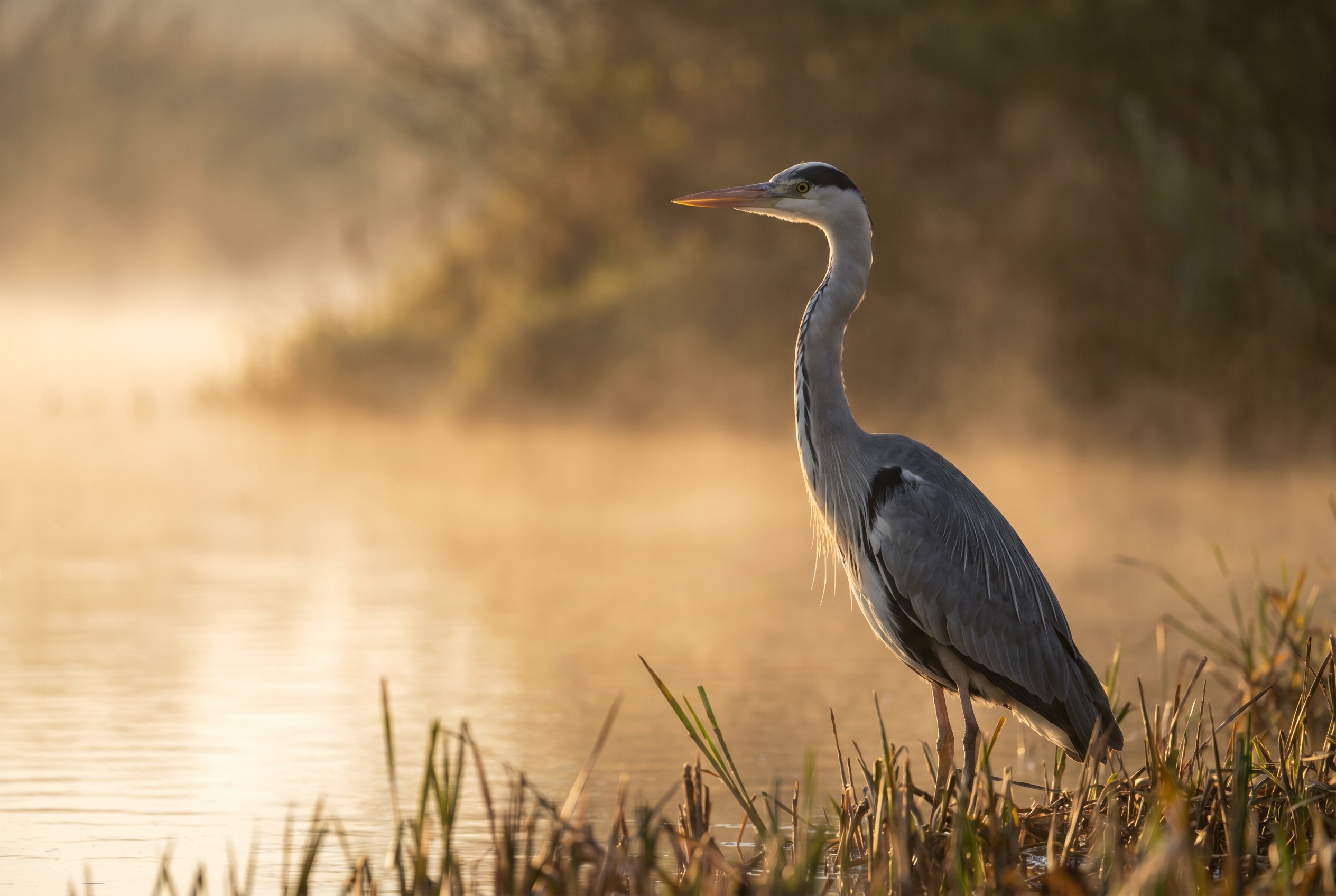 Héron cendré immobile au bord d'une rivière à l'aube, illustrant les performances d'un boîtier Canon pour aider à choisir entre Canon ou Nikon.