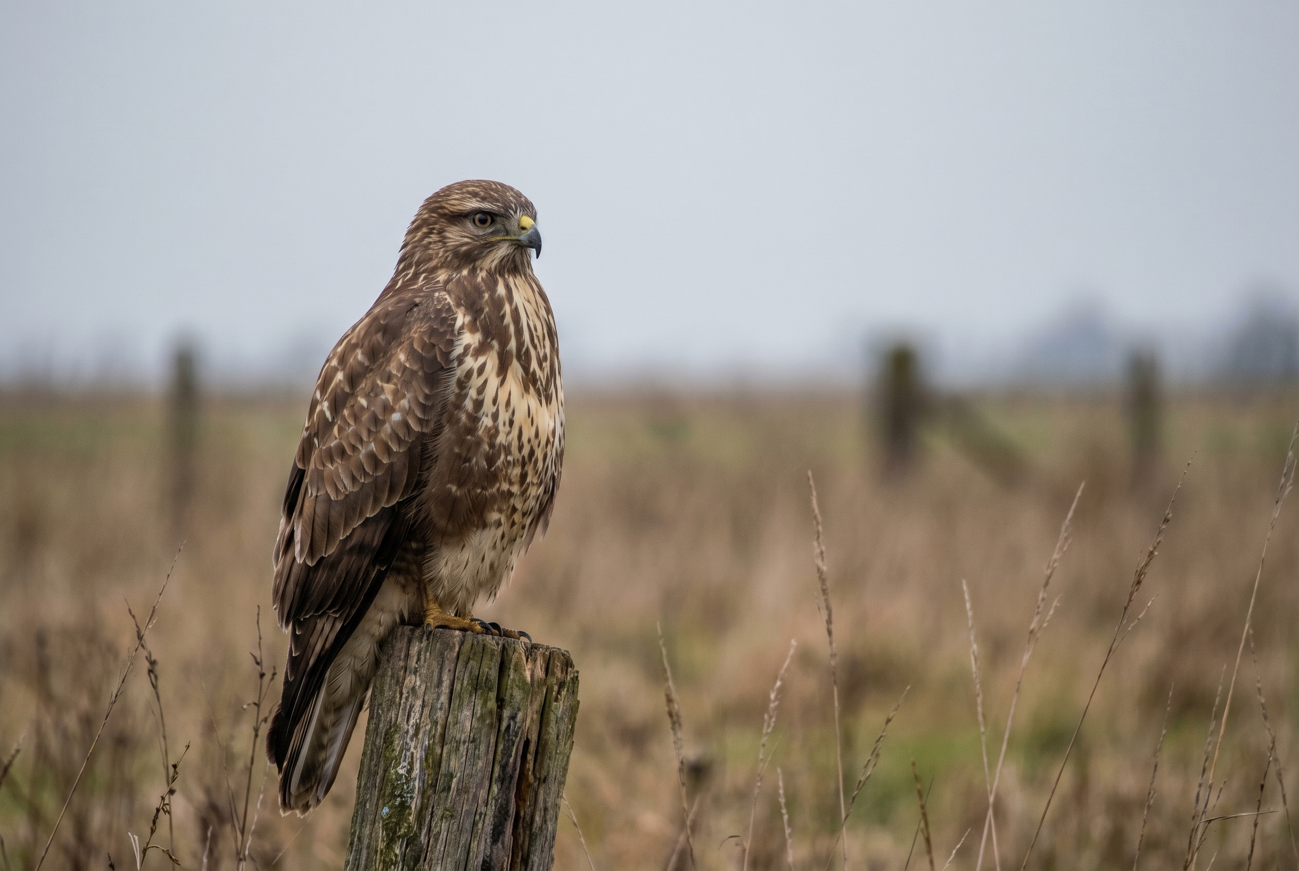 Photographie animalière d'une buse variable perchée sur un poteau en hiver, illustrant la précision d'un boîtier Canon pour débuter.