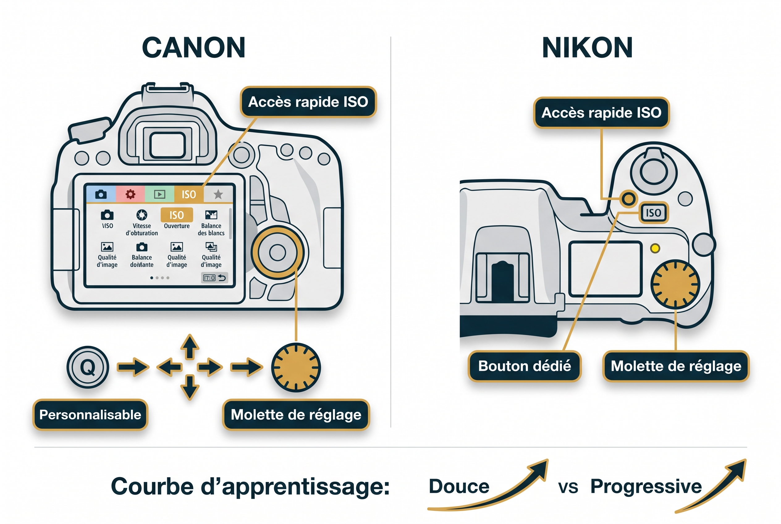 Infographie comparative pour choisir entre Canon ou Nikon : illustration des menus et de l'accès aux réglages ISO pour débuter en photo.