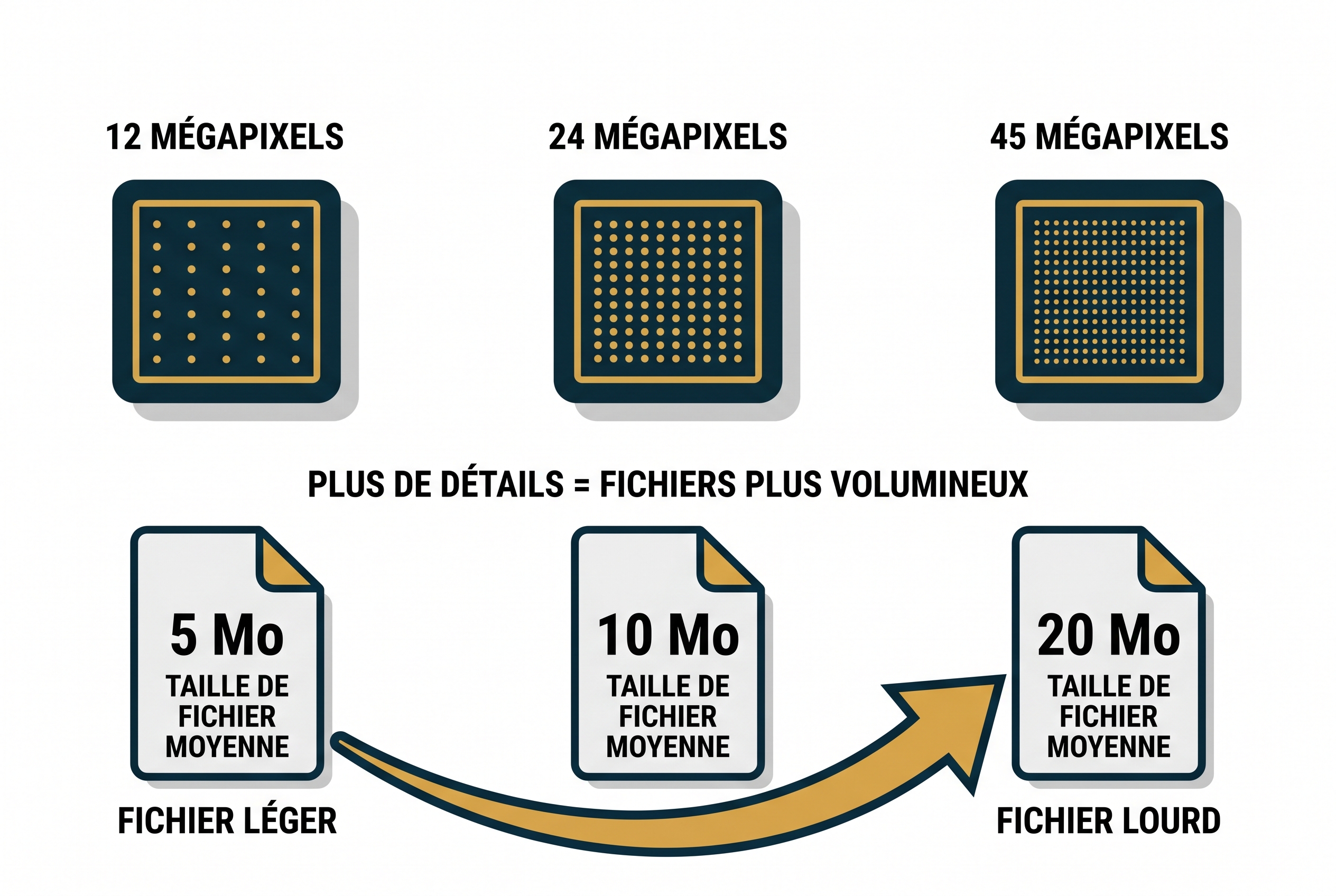 Infographie pédagogique montrant la relation entre les mégapixels (12MP, 24MP, 45MP) et le poids des fichiers pour estimer combien de photos stocker sur 64 Go.