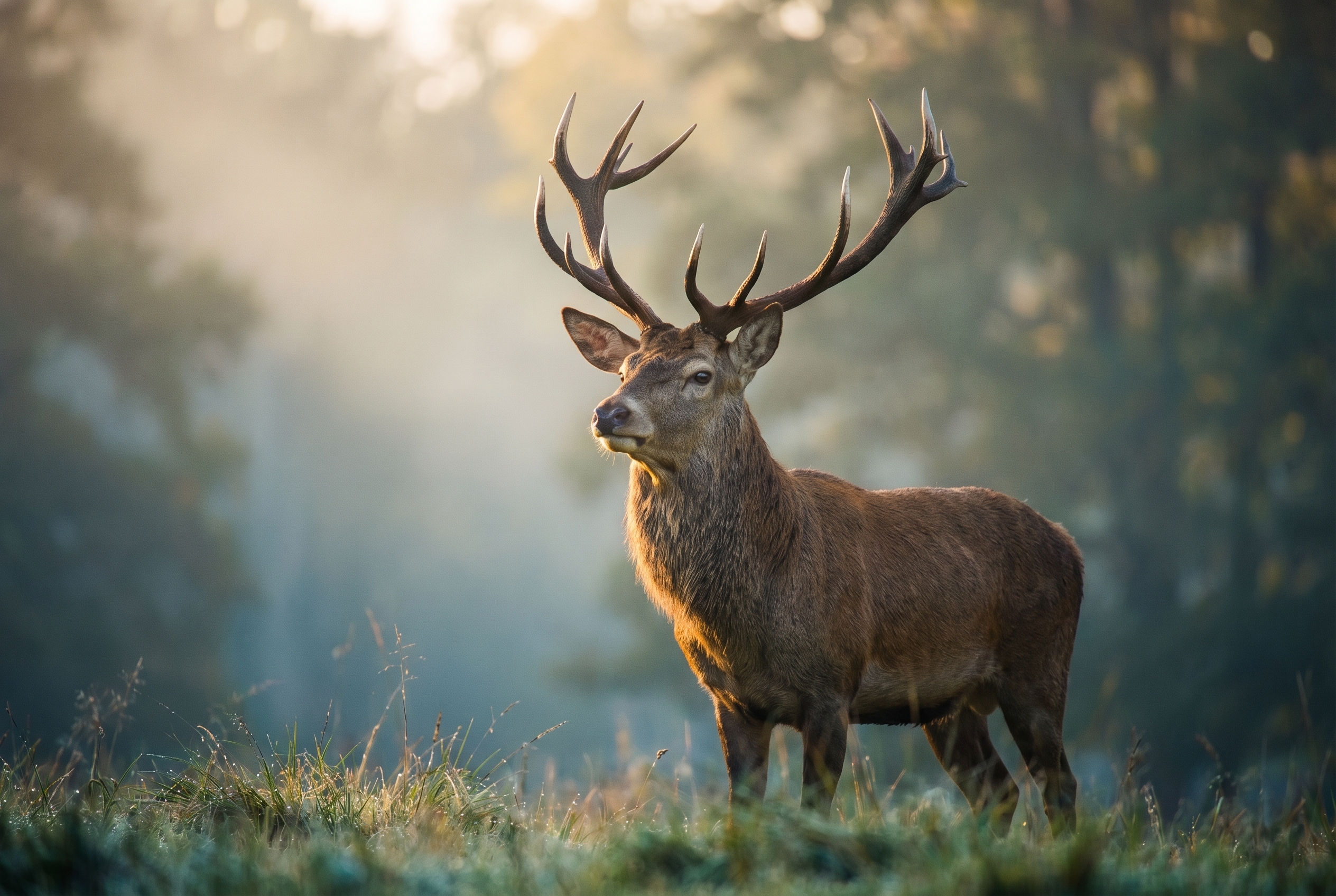 Un cerf élaphe majestueux photographié à l'aube dans la brume, illustrant l'équilibre du triangle d'exposition pour réussir une photo animalière.