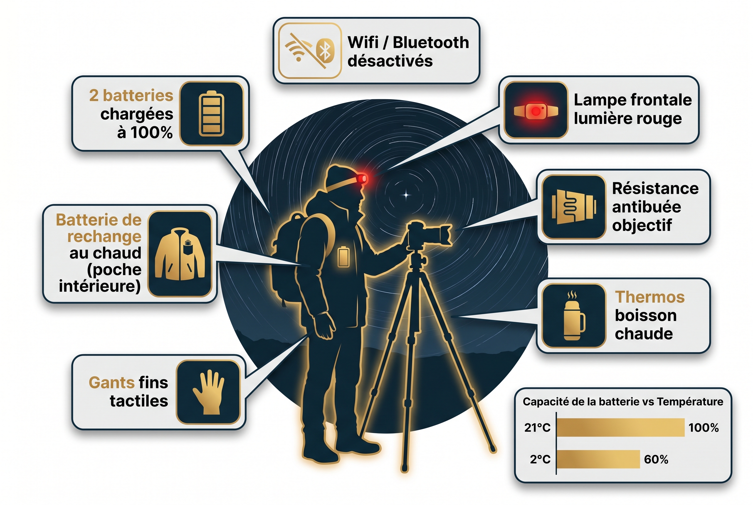Illustration pédagogique présentant la checklist du matériel indispensable pour réussir une photo circumpolaire par temps froid : batteries, lampe frontale rouge, gants tactiles et résistance chauffante.