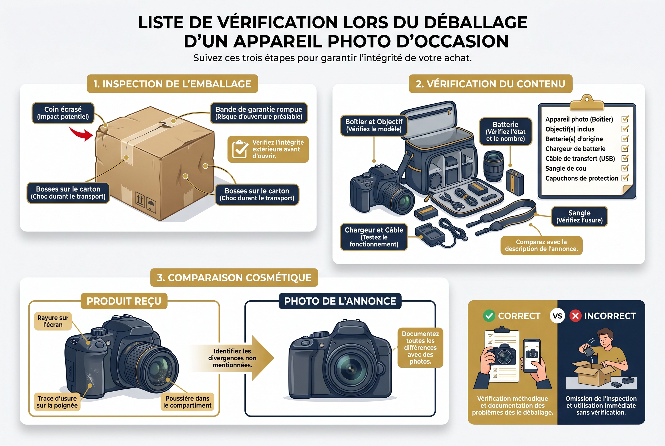 Quel est le meilleur site d'occasion photo ? Le guide pour acheter sans risque 26 Illustration pédagogique détaillant les étapes de vérification d'un appareil photo d'occasion : inspection du colis, inventaire des accessoires et examen de l'état cosmétique.