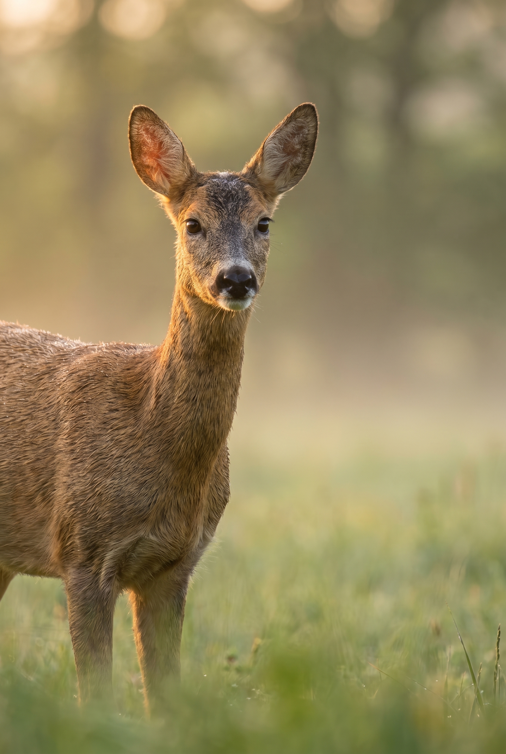 Chevreuil européen aux aguets dans une prairie brumeuse à l'aube, illustrant la précision d'un appareil photo animalière avec un super téléobjectif.