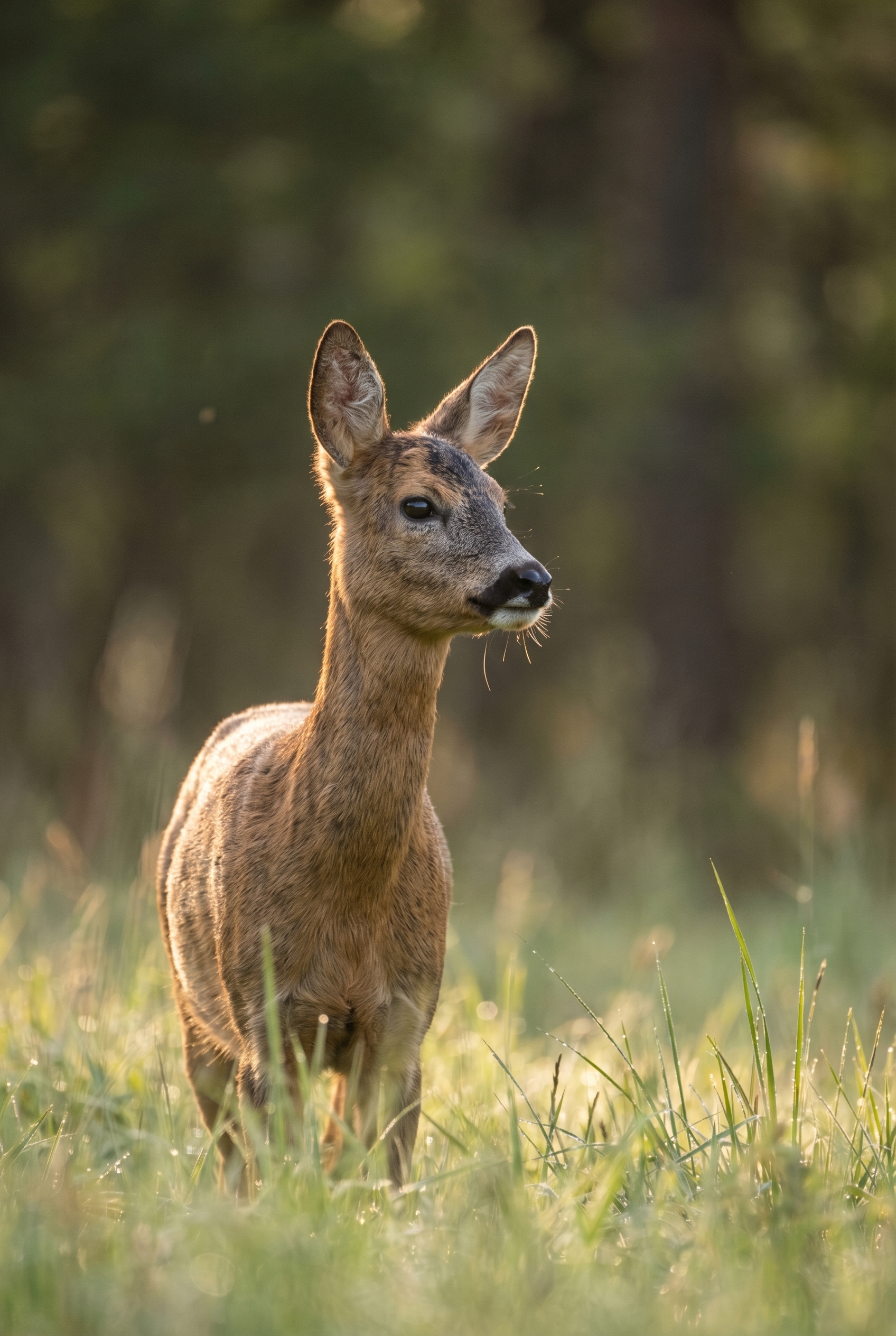 Un chevreuil à l'orée d'une forêt au lever du soleil avec un flou d'arrière-plan artistique, illustrant l'importance de la profondeur de champ pour apprendre la photo.