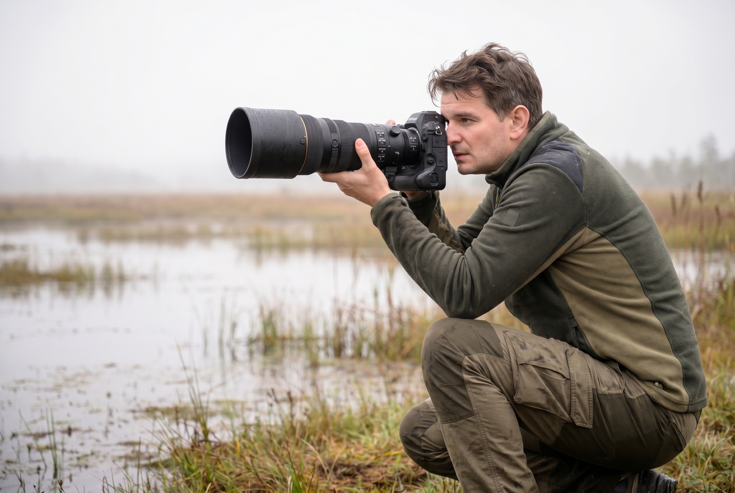 Photographe naturaliste en affût avec un appareil photo animalière équipé d'un long téléobjectif dans un marais brumeux.
