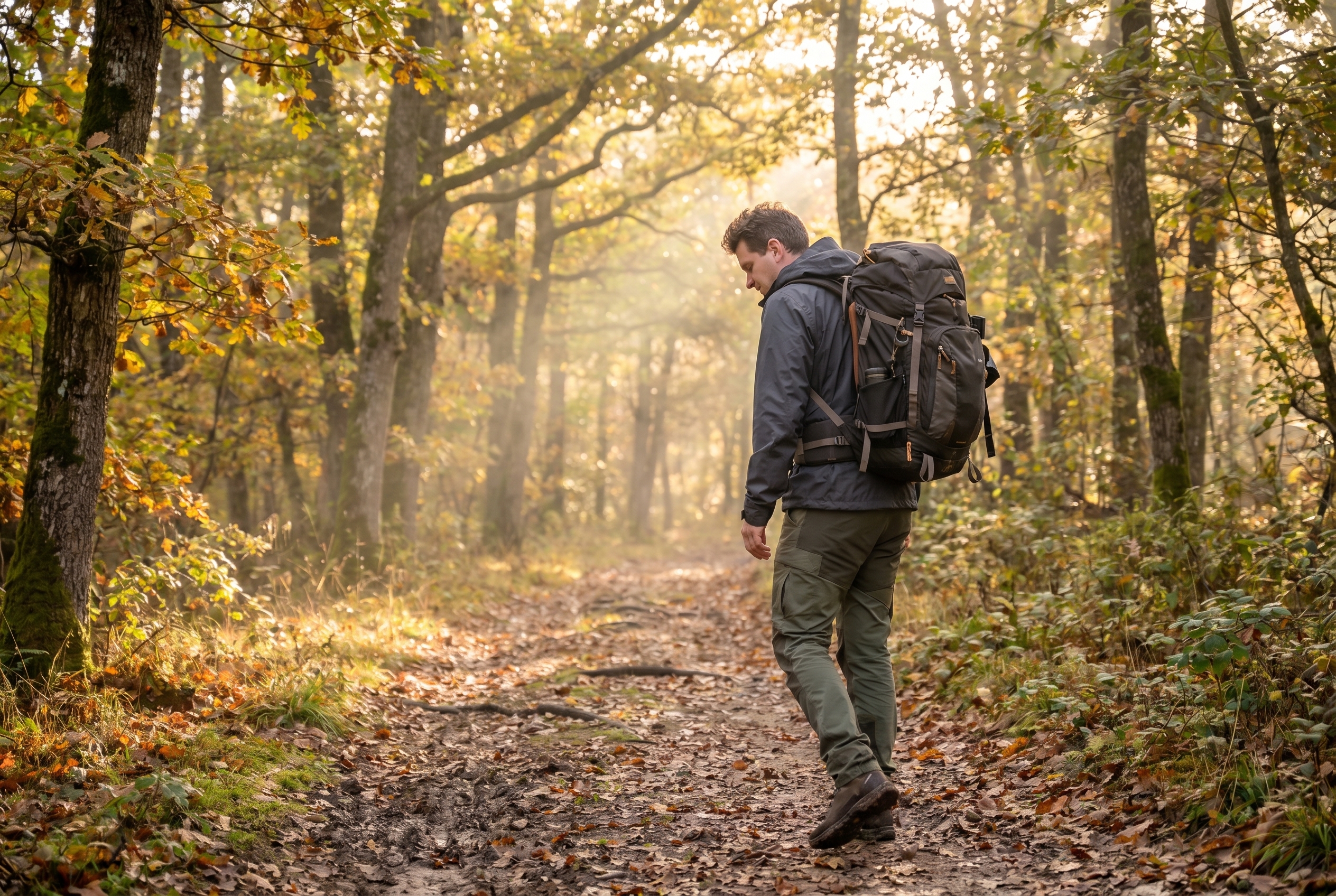 Un photographe de nature équipé d'un sac à dos marchant sur un sentier forestier en automne, illustrant le dilemme Canon ou Nikon.