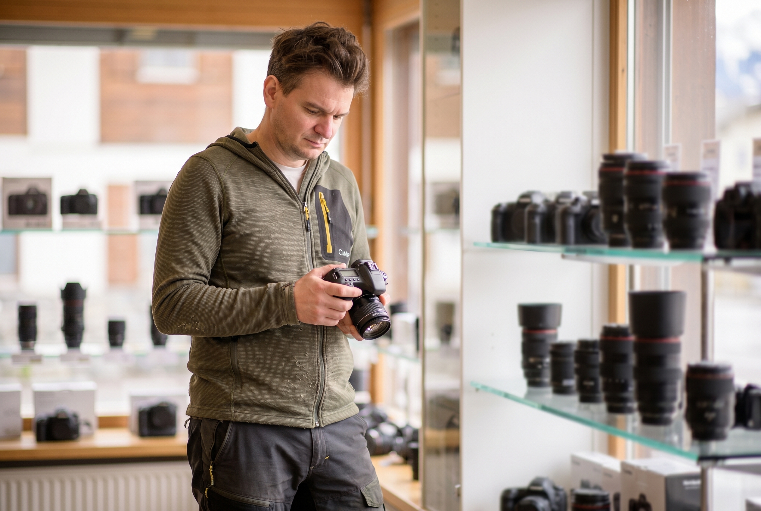 Un jeune photographe naturaliste en magasin, analysant un boîtier avec réflexion pour choisir entre Canon ou Nikon.