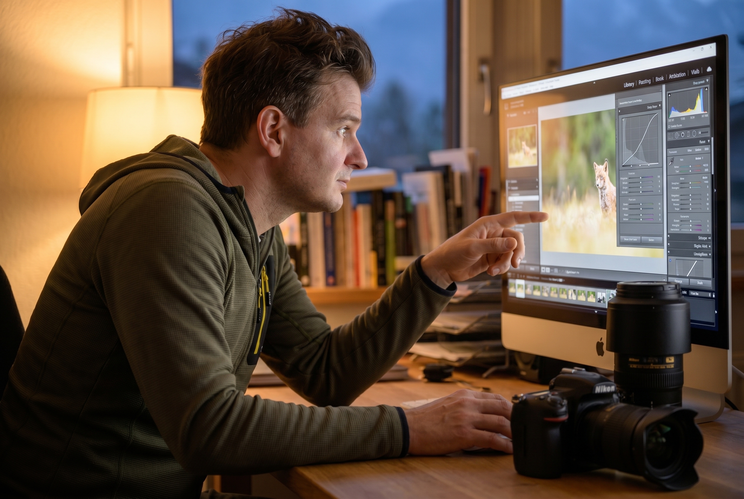 Photographe de nature assis à son bureau devant un écran affichant un logiciel de retouche, comparant Lightroom et Lightroom Classic.