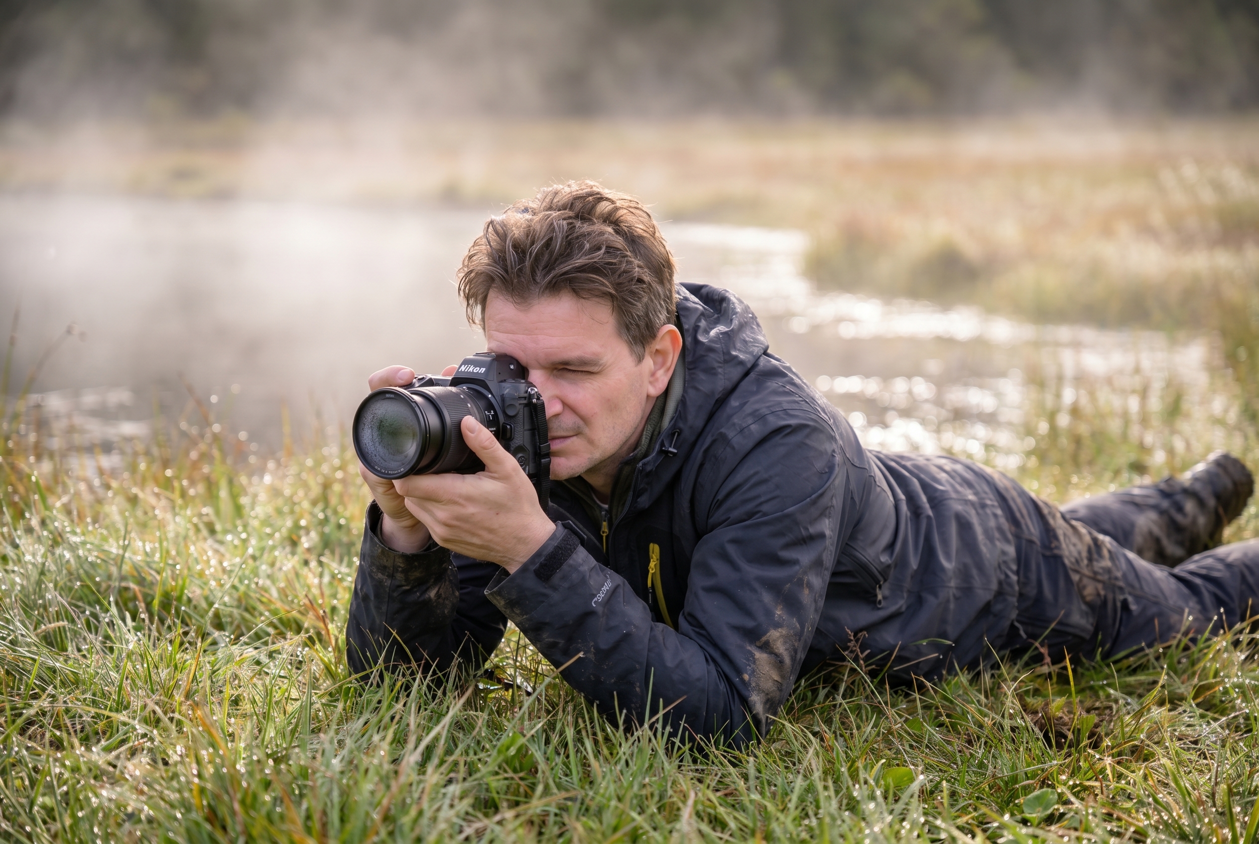 Un jeune photographe animalier allongé dans l'herbe humide utilisant une marque d'appareil photo hybride compacte avec un téléobjectif dans la brume matinale.