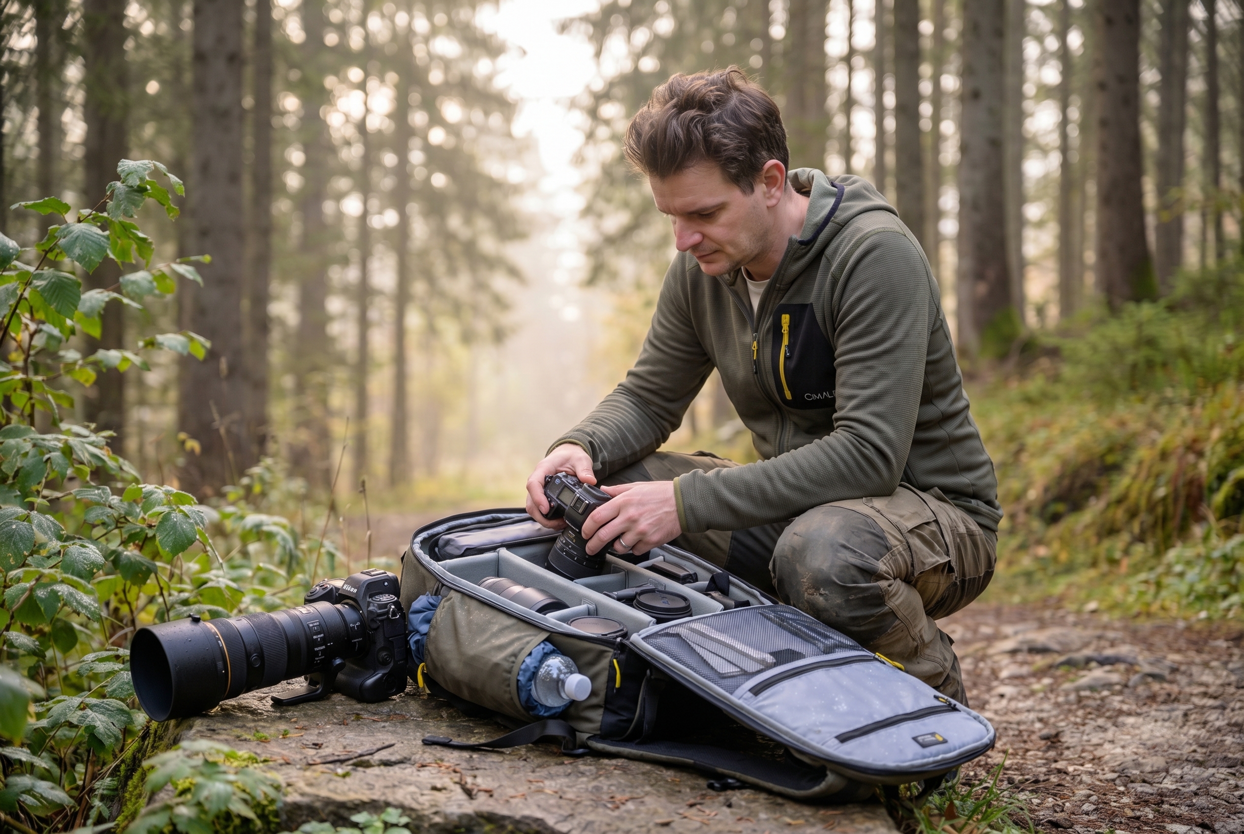Photographe naturaliste organisant son matériel de photo animalière dans un sac à dos technique en forêt au lever du jour.