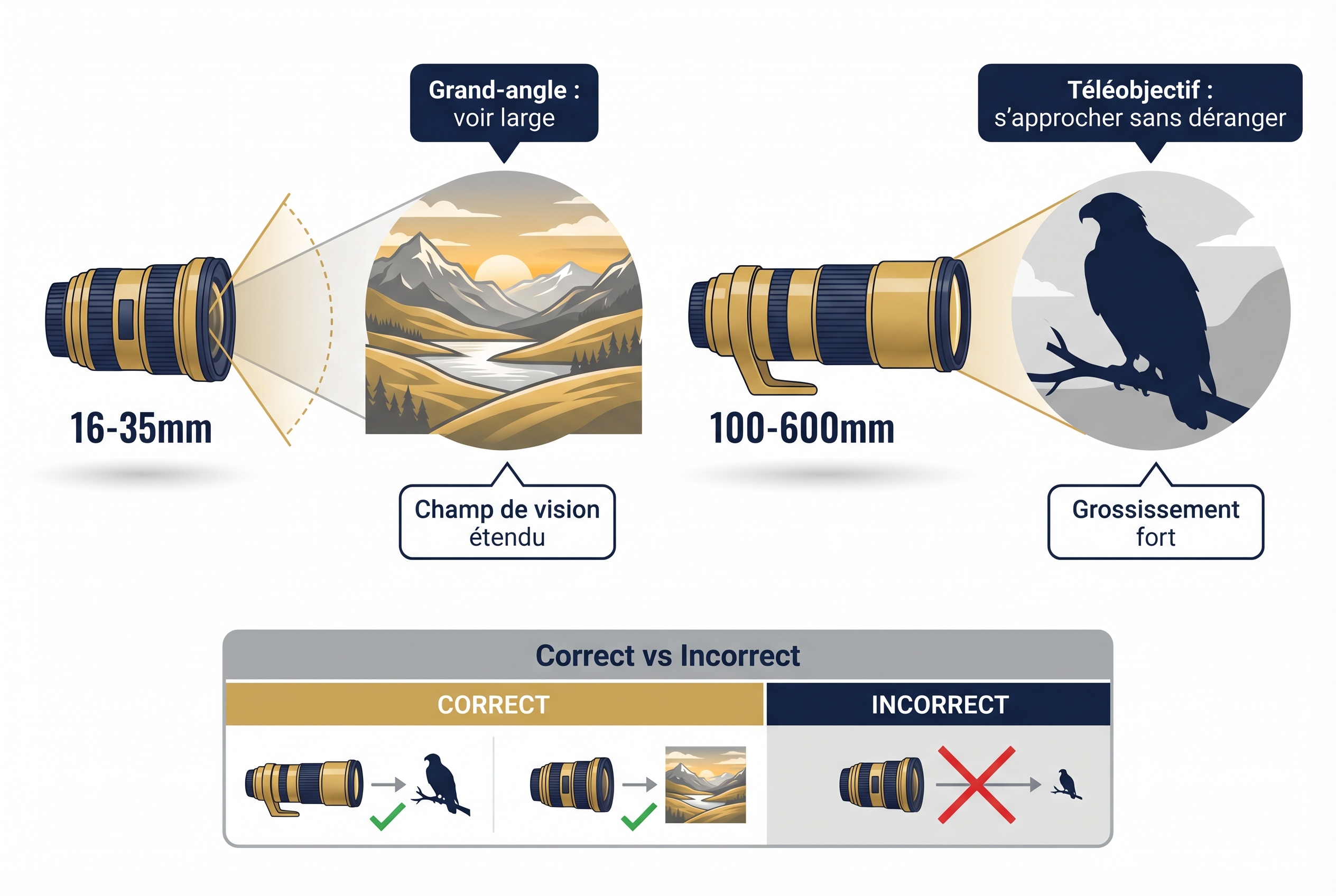 Infographie pédagogique comparant un objectif grand-angle 16-35mm pour le paysage et un téléobjectif 100-600mm pour la photo animalière.