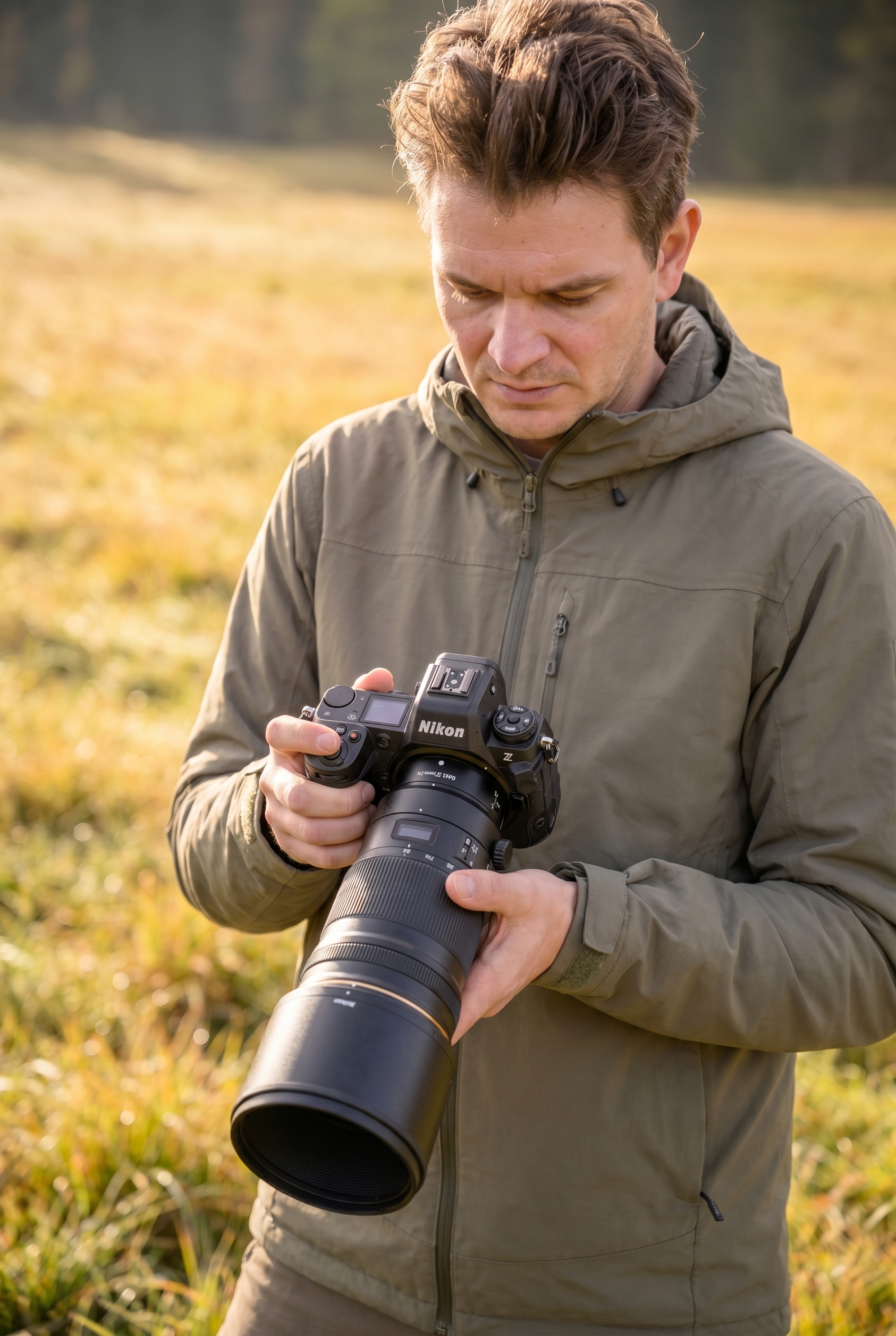 Un photographe naturaliste teste la prise en main et l'ergonomie d'une marque d'appareil photo avec un téléobjectif 400mm dans une prairie.