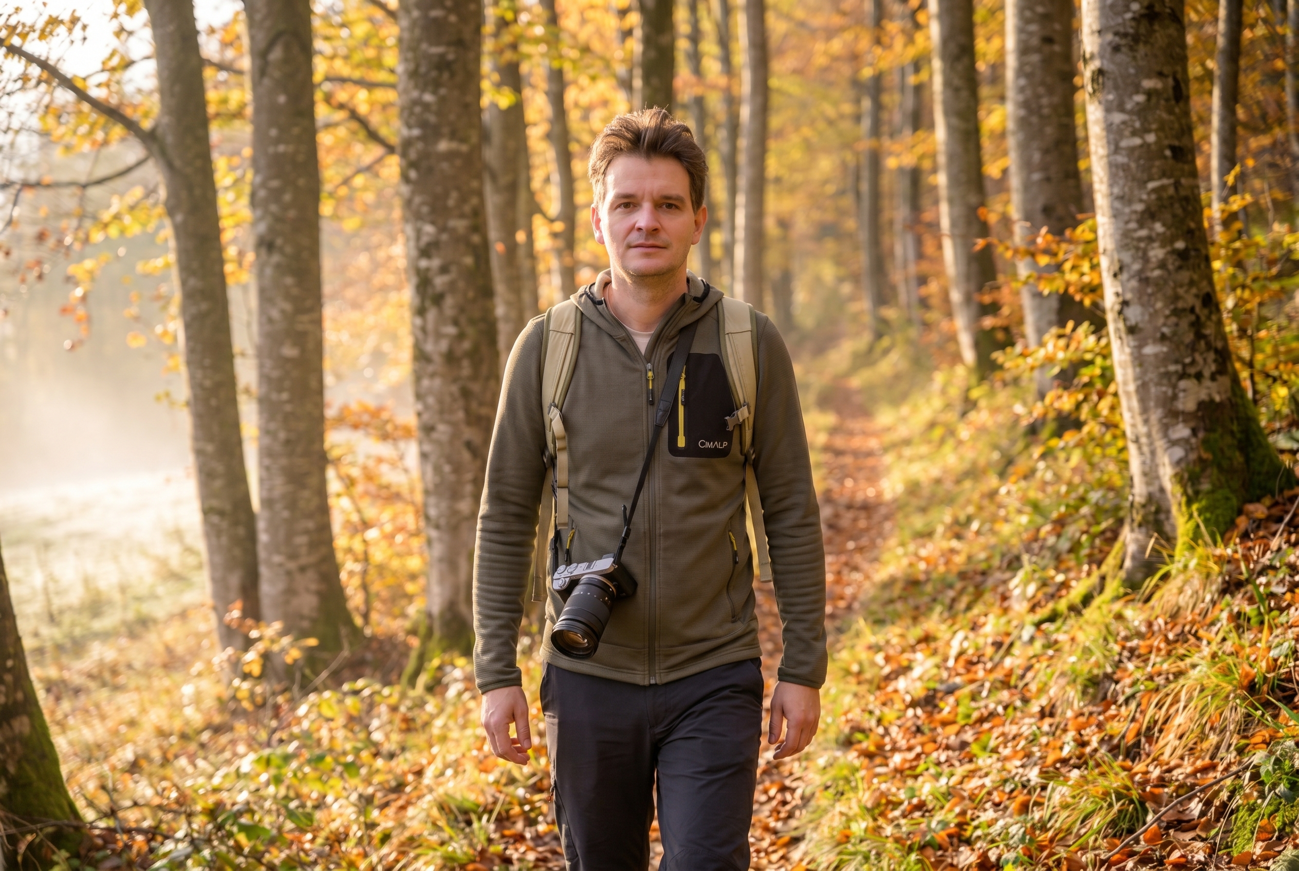 Photographe animalier en forêt d'automne portant un appareil photo hybride compact, illustrant l'importance de l'ergonomie dans le choix d'une marque d'appareil photo.