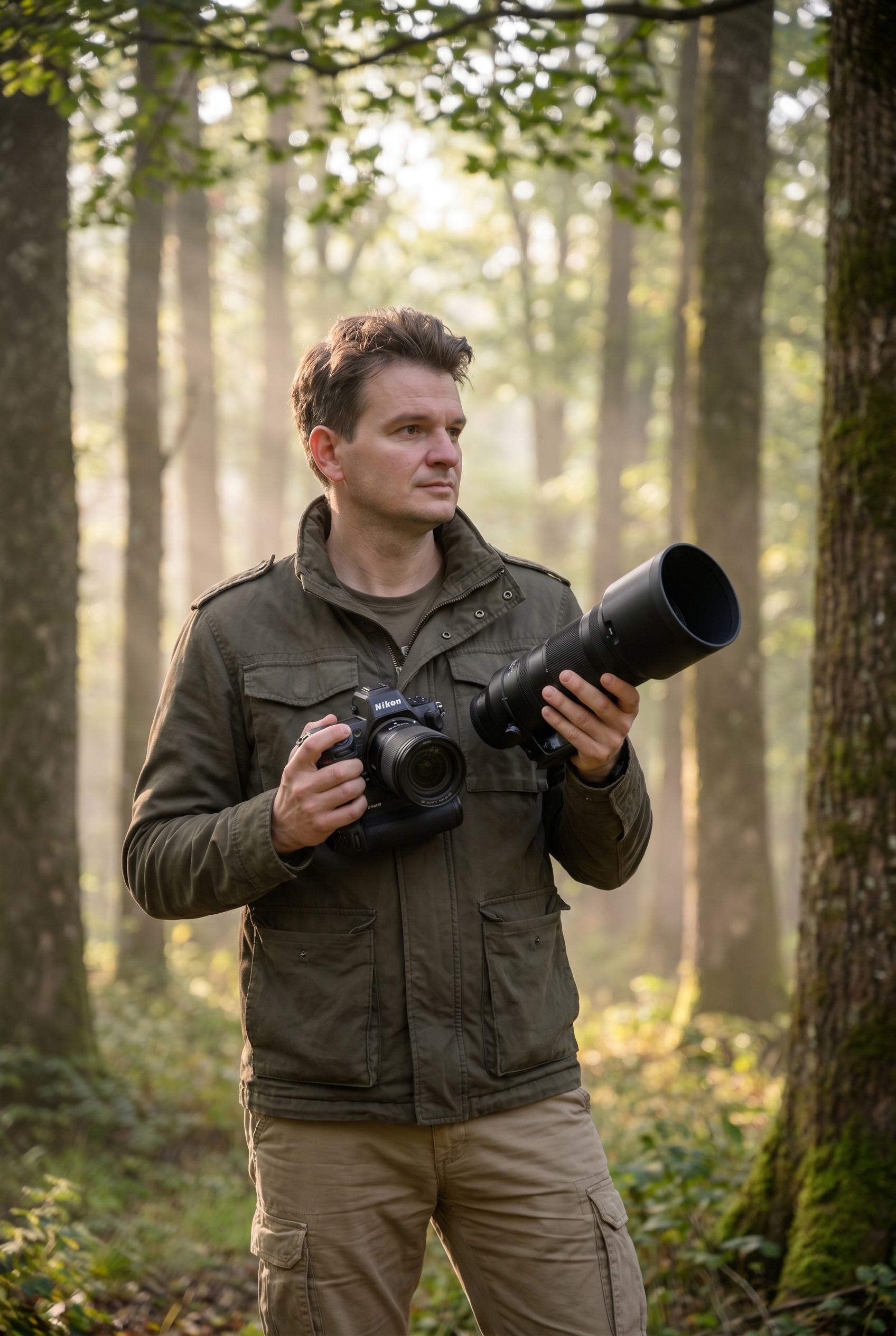 Un jeune photographe animalier en forêt comparant un boîtier et un téléobjectif pour choisir sa marque d'appareil photo.