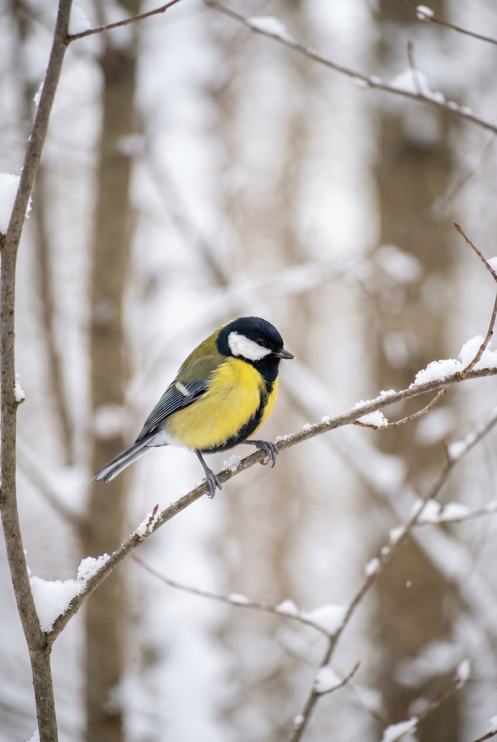 Comment photographier des oiseaux : le guide complet 13 Gros plan d'une mésange charbonnière sur une branche enneigée, illustrant la technique pour photographier des oiseaux avec netteté.