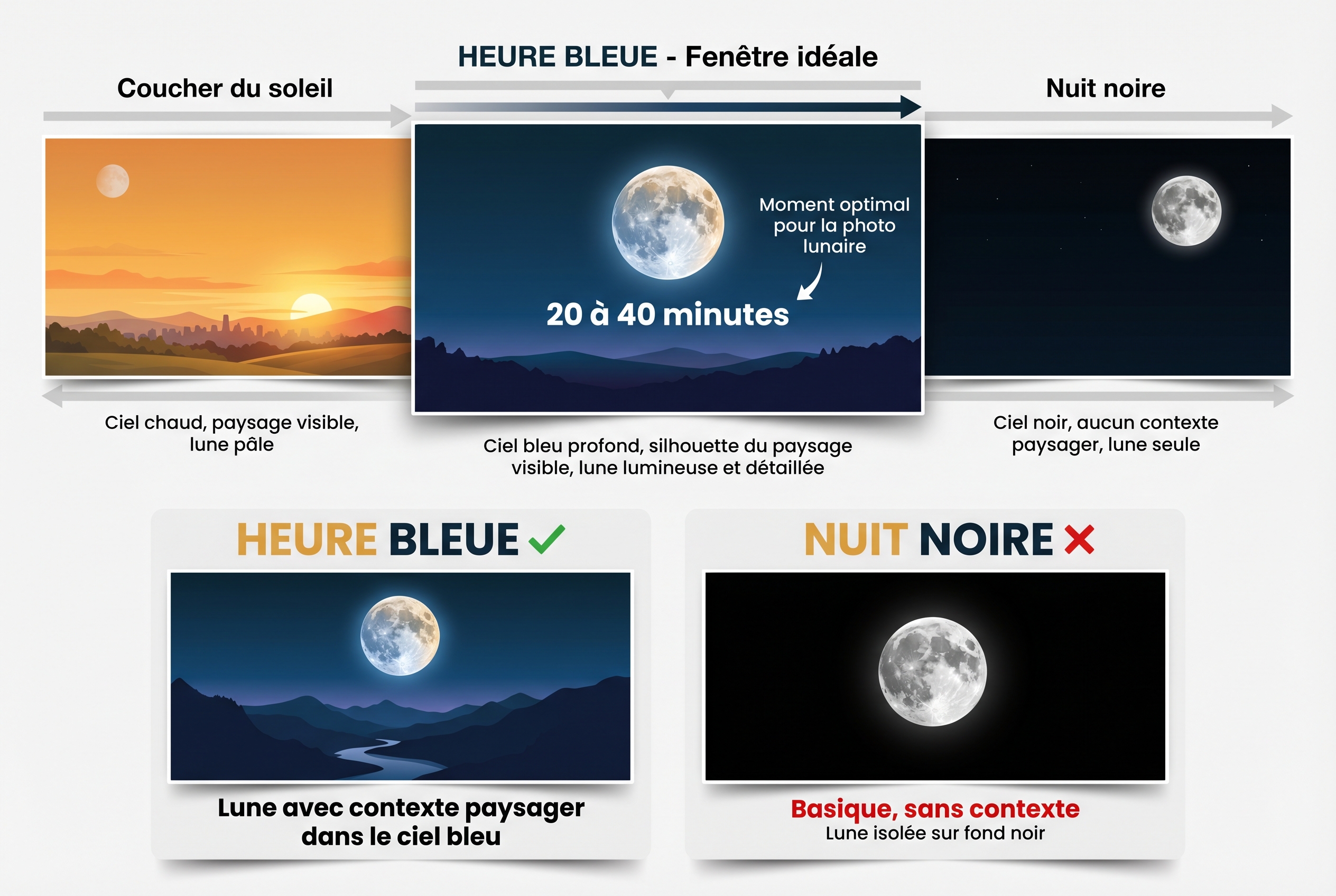 Infographie pédagogique expliquant comment photographier la lune durant l'heure bleue pour obtenir des détails sur les cratères et le paysage.