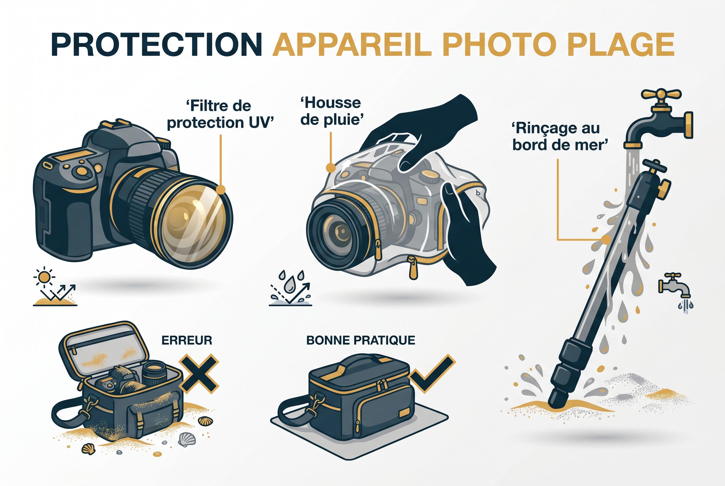 Infographie pédagogique expliquant comment protéger son appareil photo du sel et du sable pour photographier la mer : filtre UV, housse de pluie et rinçage du trépied.