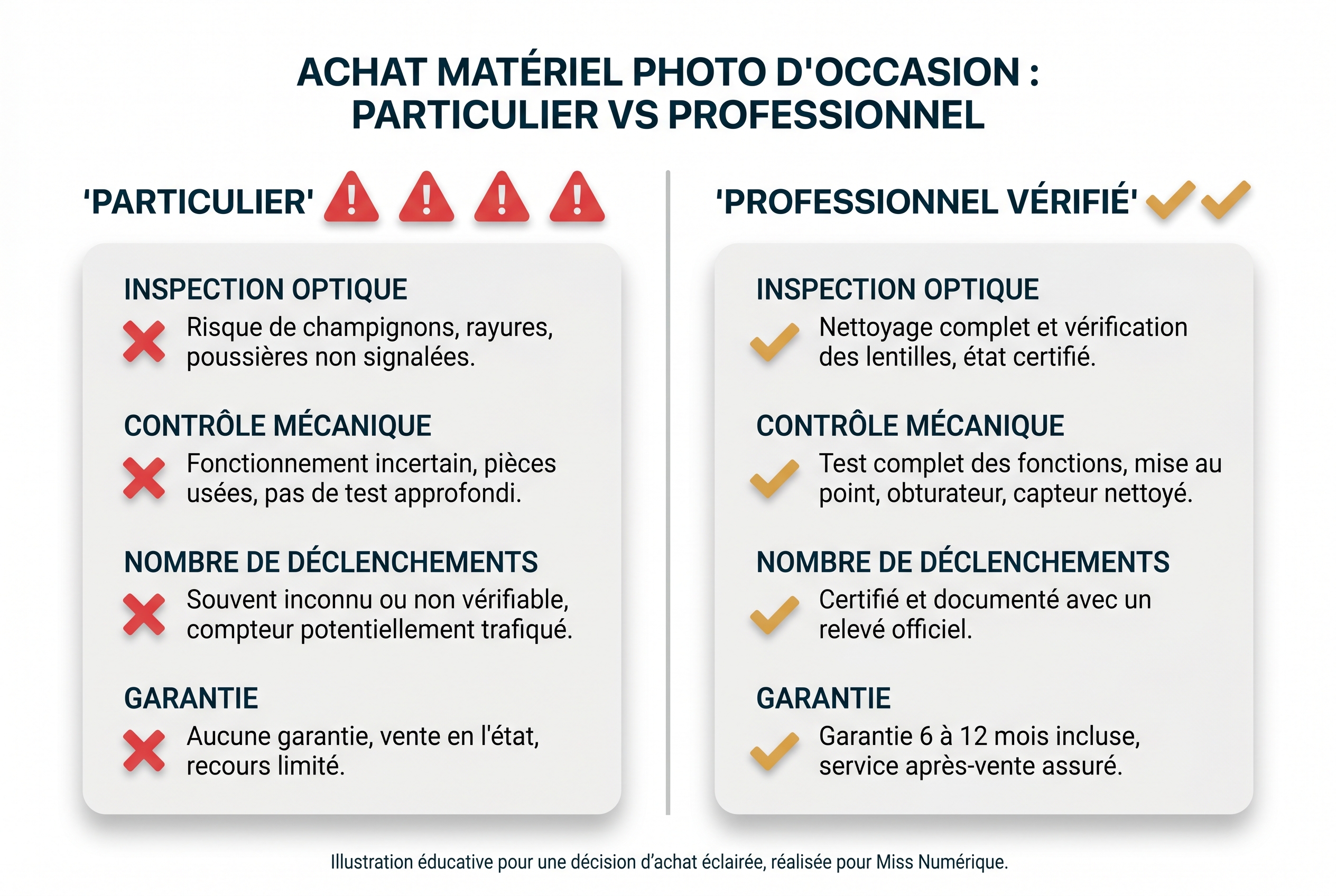 Infographie comparative pour un avis sur Miss Numérique : avantages d'un achat professionnel (garantie, inspection) par rapport à un particulier.