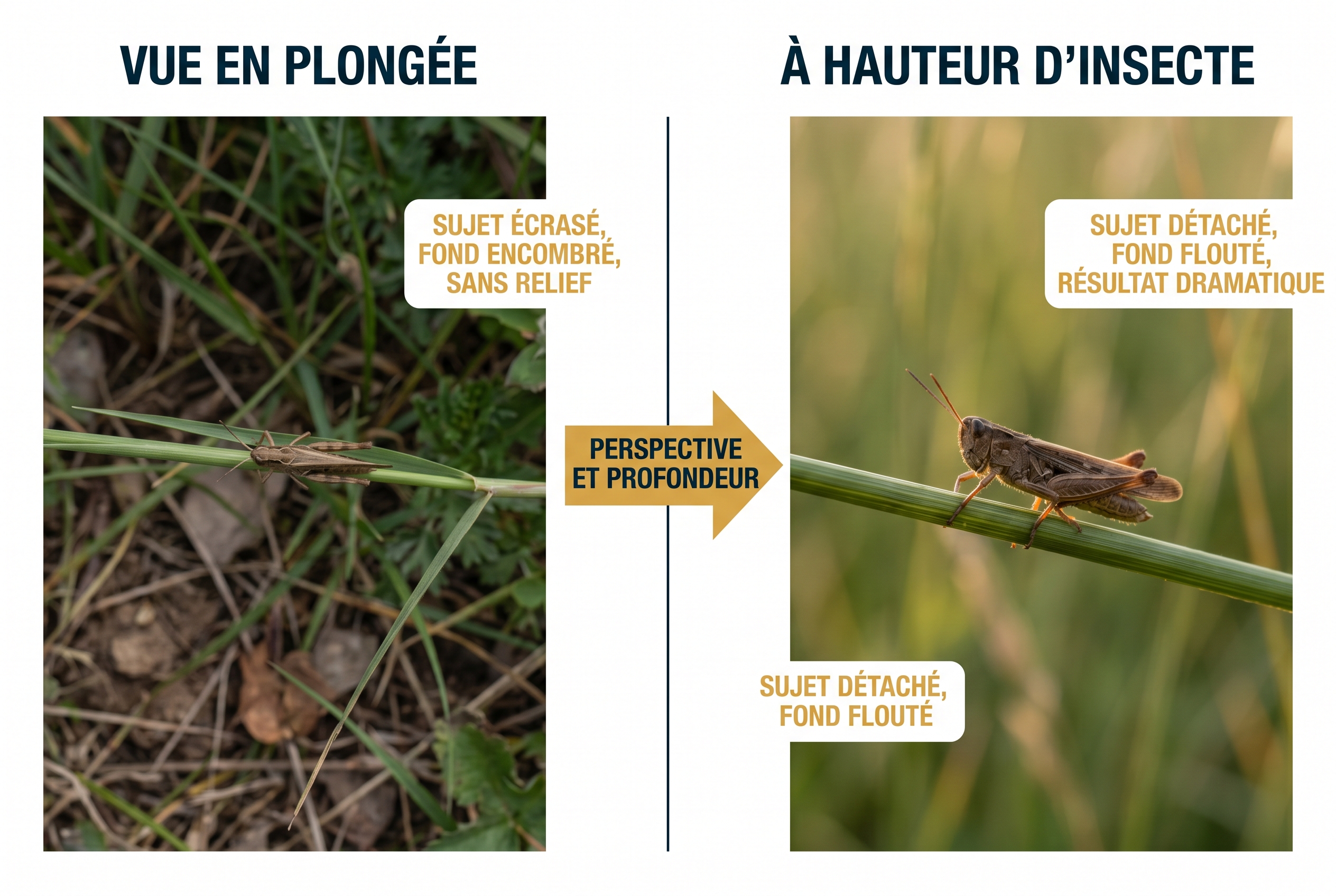 Infographie comparative pour apprendre à photographier les insectes : à gauche une vue en plongée écrasée, à droite une prise de vue à hauteur d'insecte avec un bel arrière-plan flou.